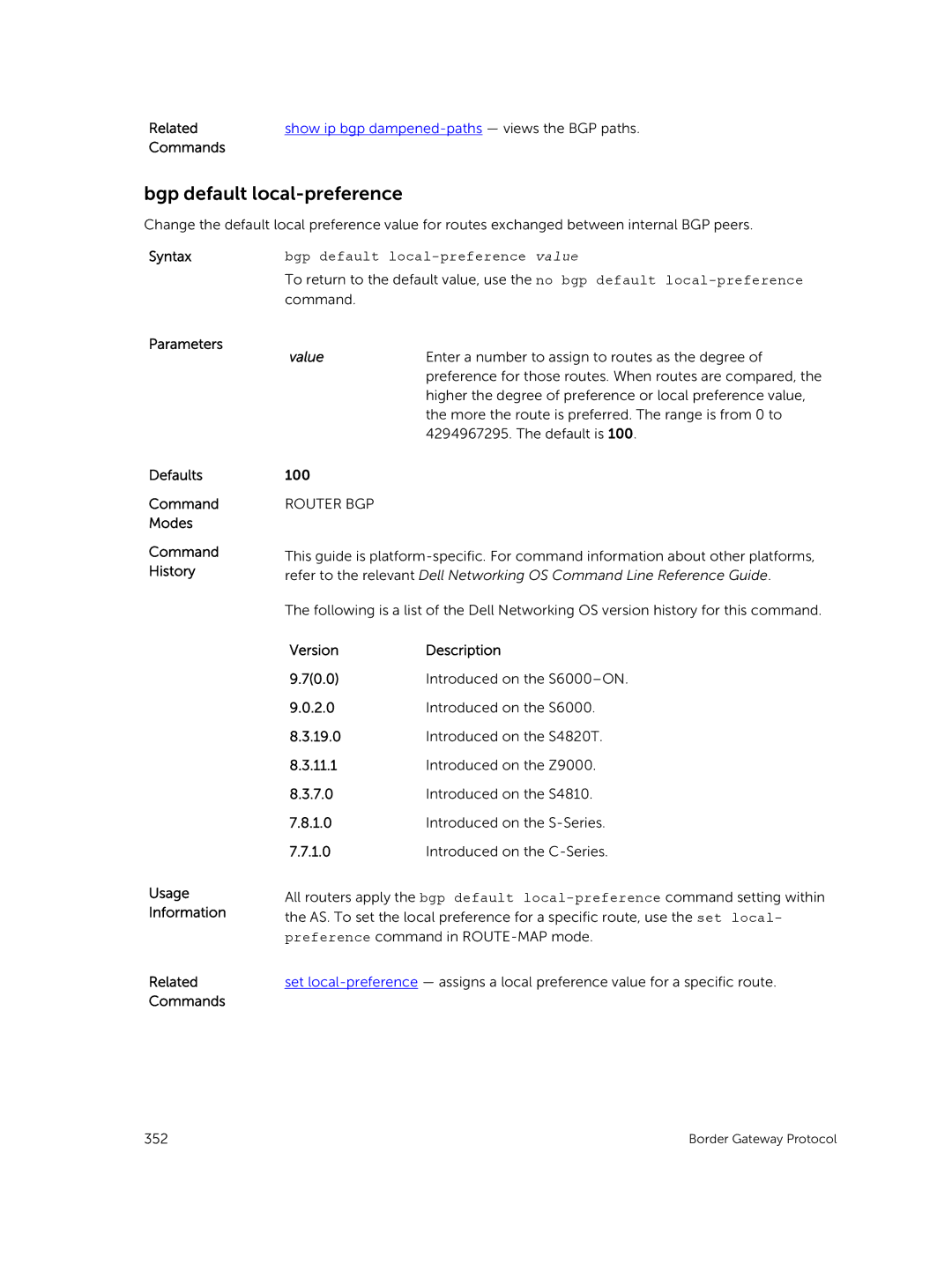 Dell 9.7(0.0) manual Bgp default local-preference value 