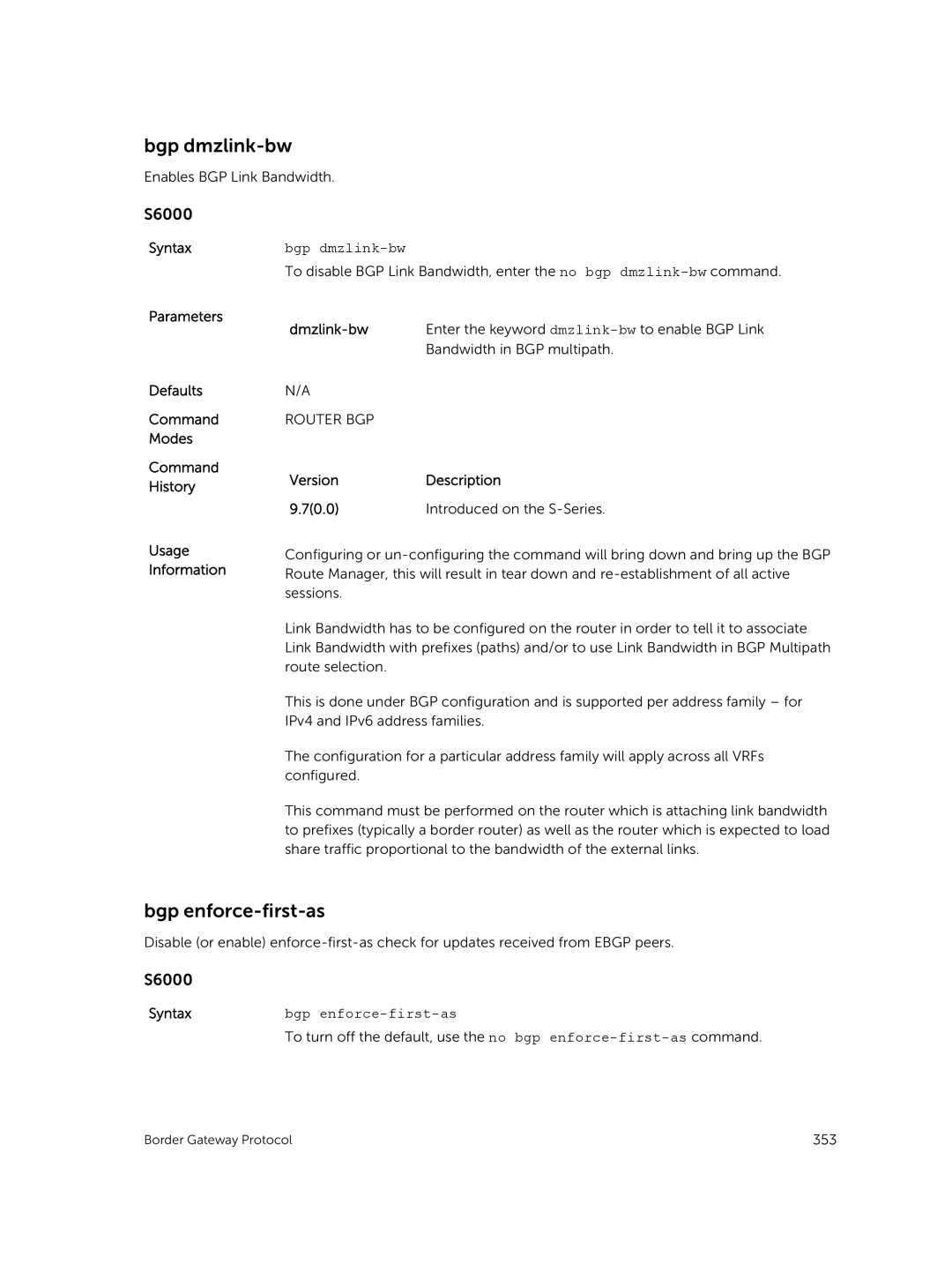 Dell 9.7(0.0) manual Bgp dmzlink-bw, Bgp enforce-first-as, Dmzlink-bw 