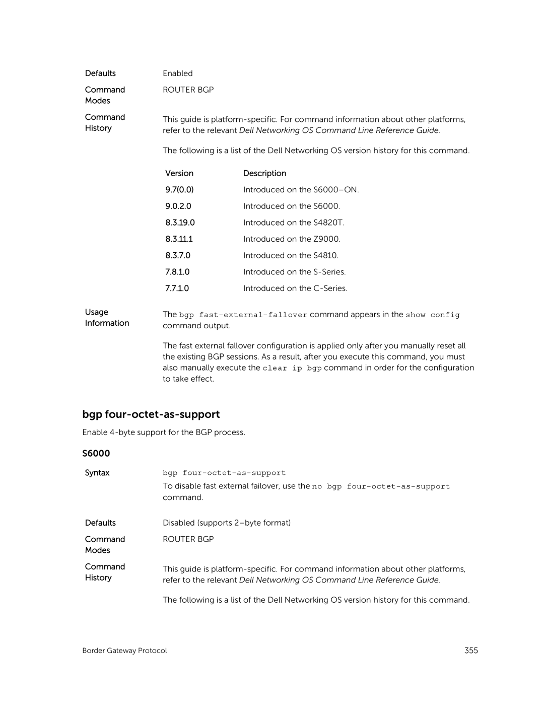 Dell 9.7(0.0) manual Bgp four-octet-as-support, Command 