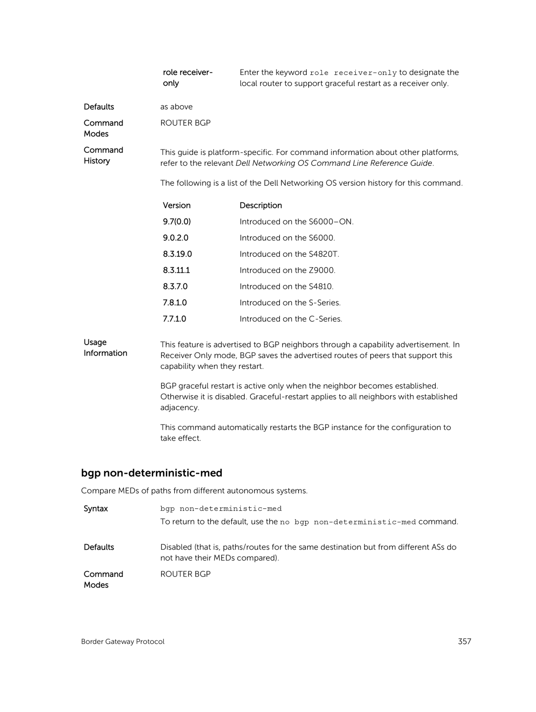 Dell 9.7(0.0) manual Bgp non-deterministic-med, Defaults Command Modes Command History Role receiver, Only 