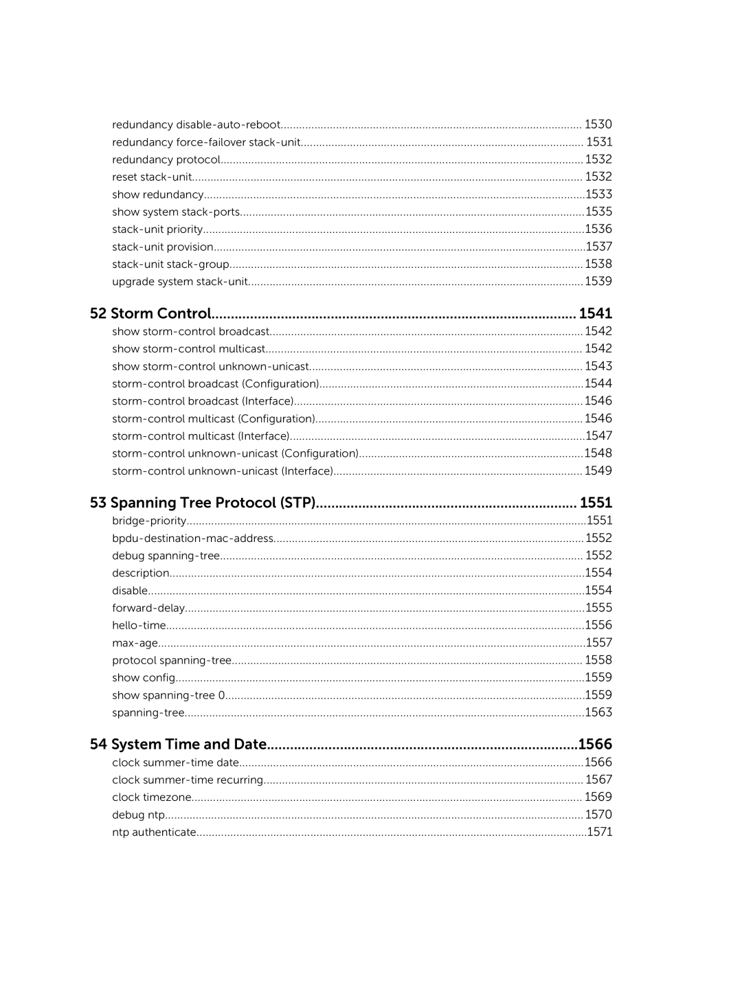 Dell 9.7(0.0) manual Storm Control 1541, Spanning Tree Protocol STP 1551, System Time and Date 1566 