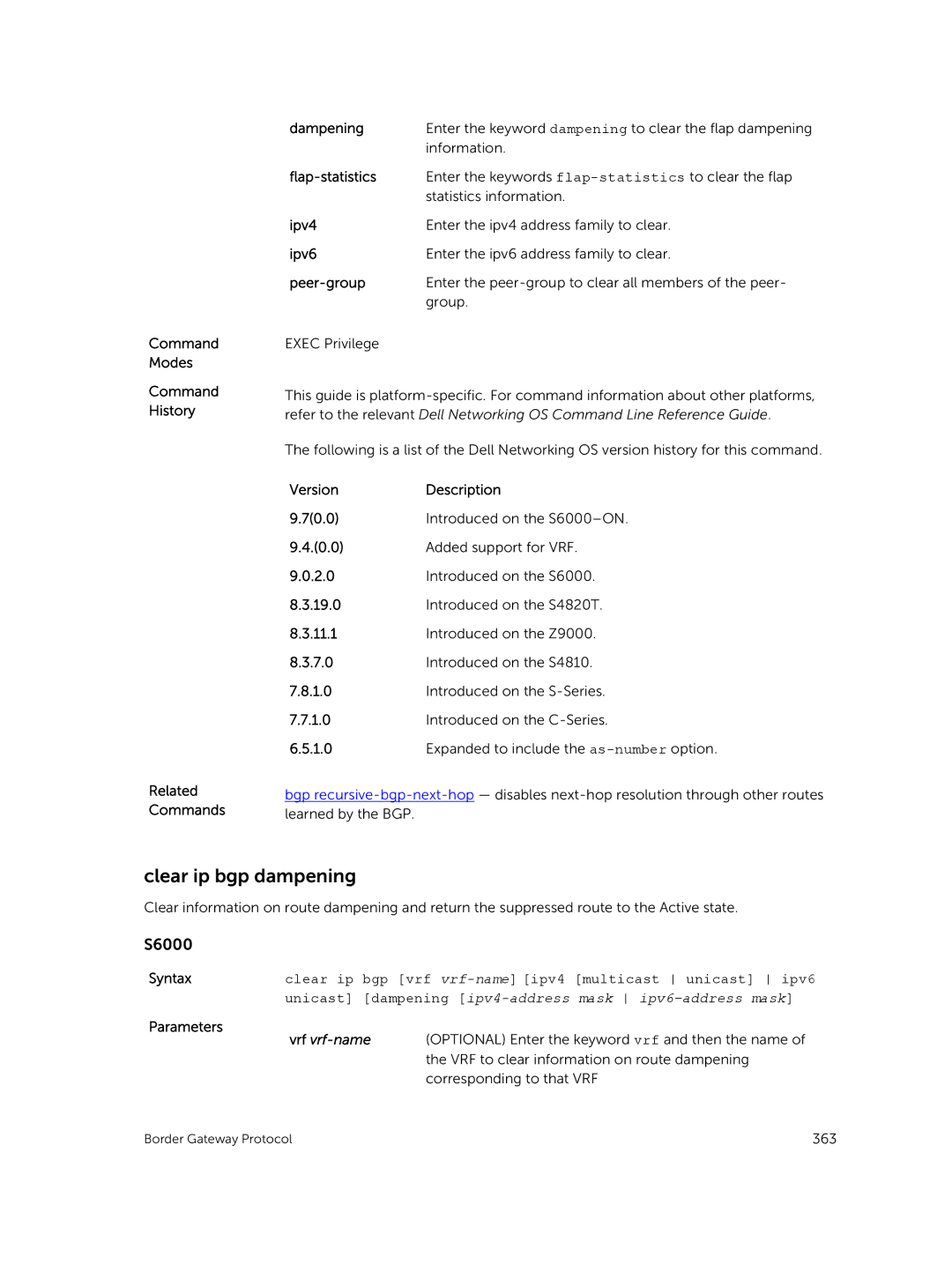 Dell 9.7(0.0) manual Clear ip bgp dampening 