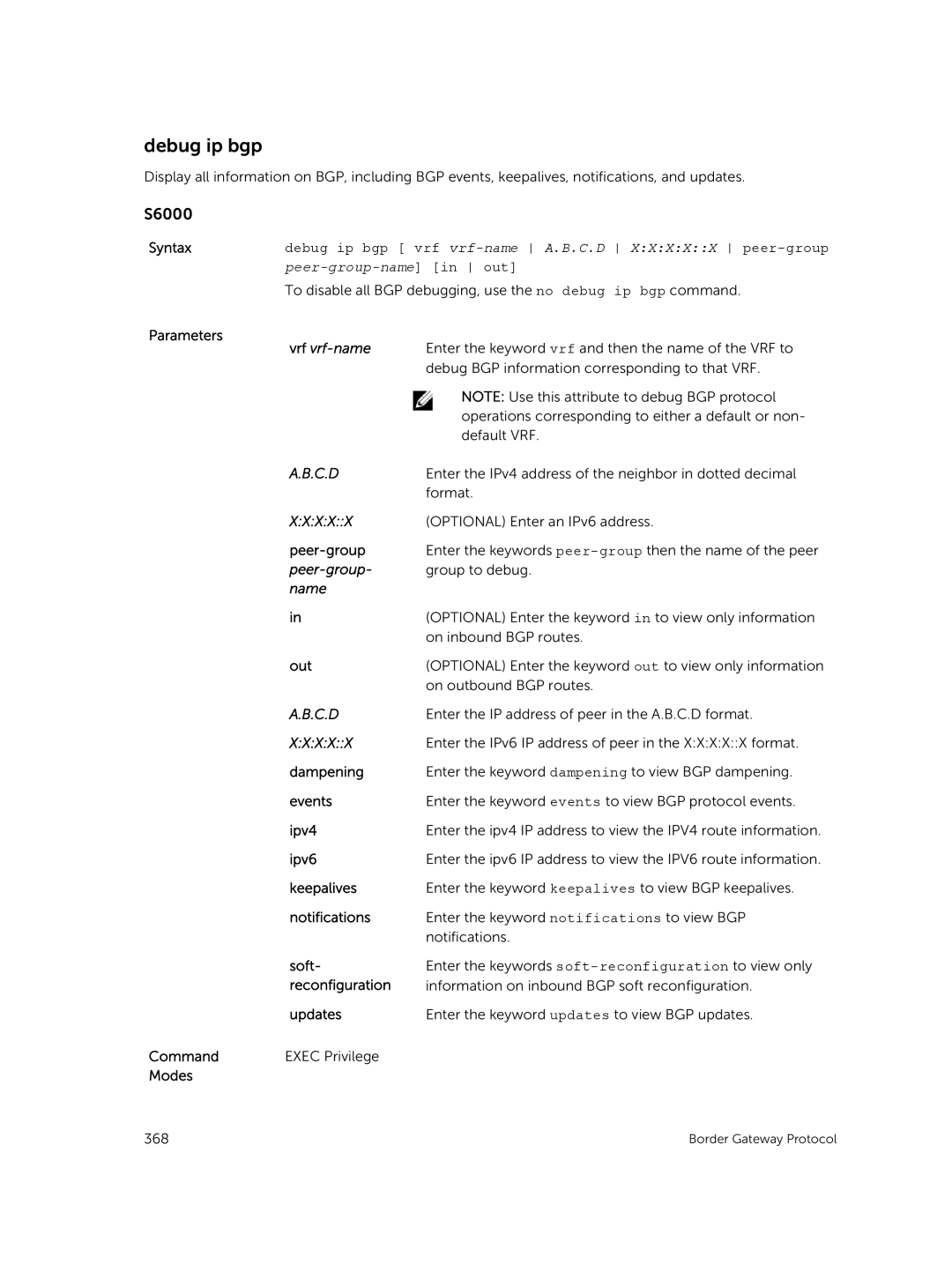 Dell 9.7(0.0) manual Debug ip bgp, Xxxxx 