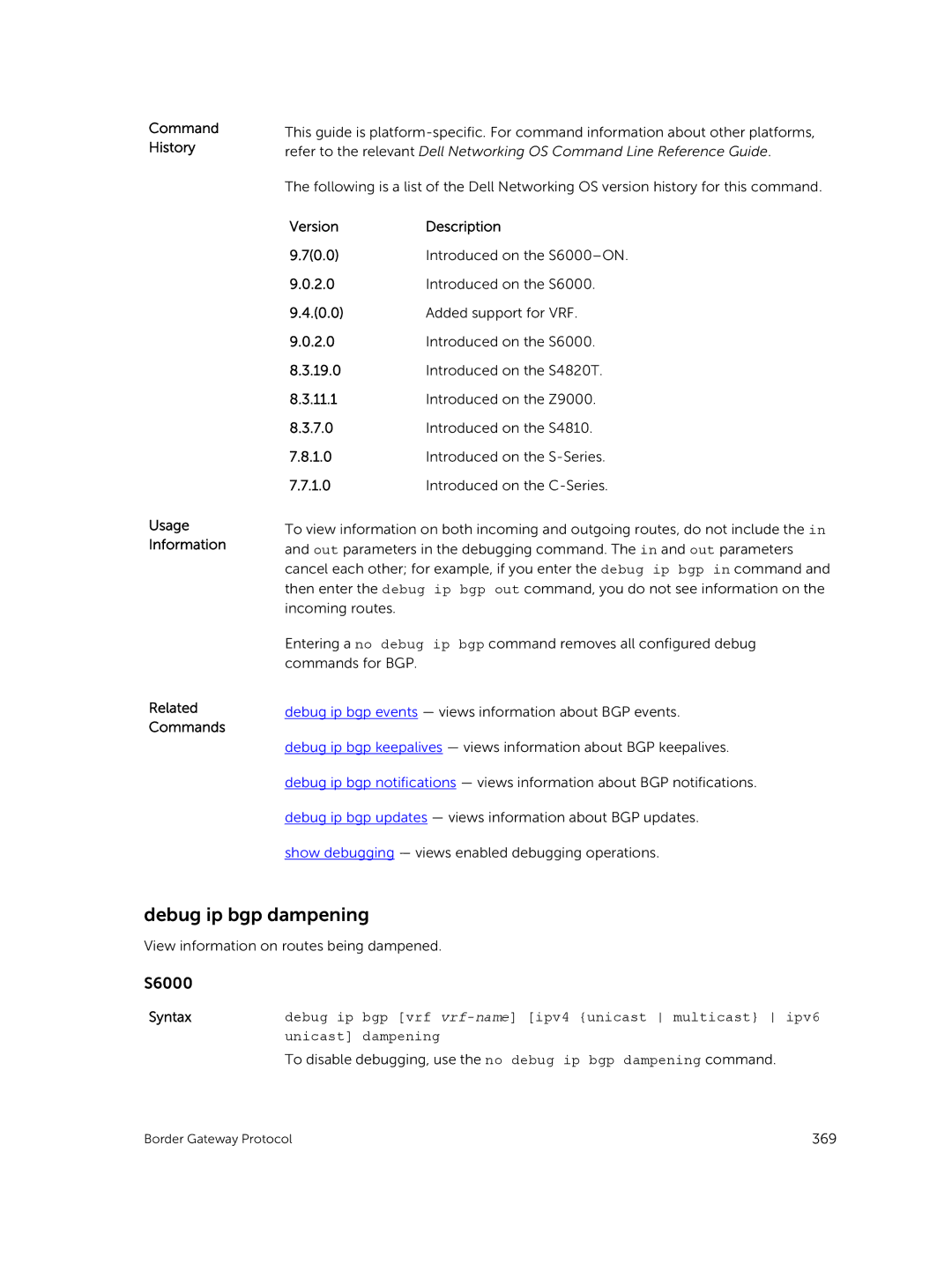 Dell 9.7(0.0) manual Debug ip bgp dampening, Added support for VRF 