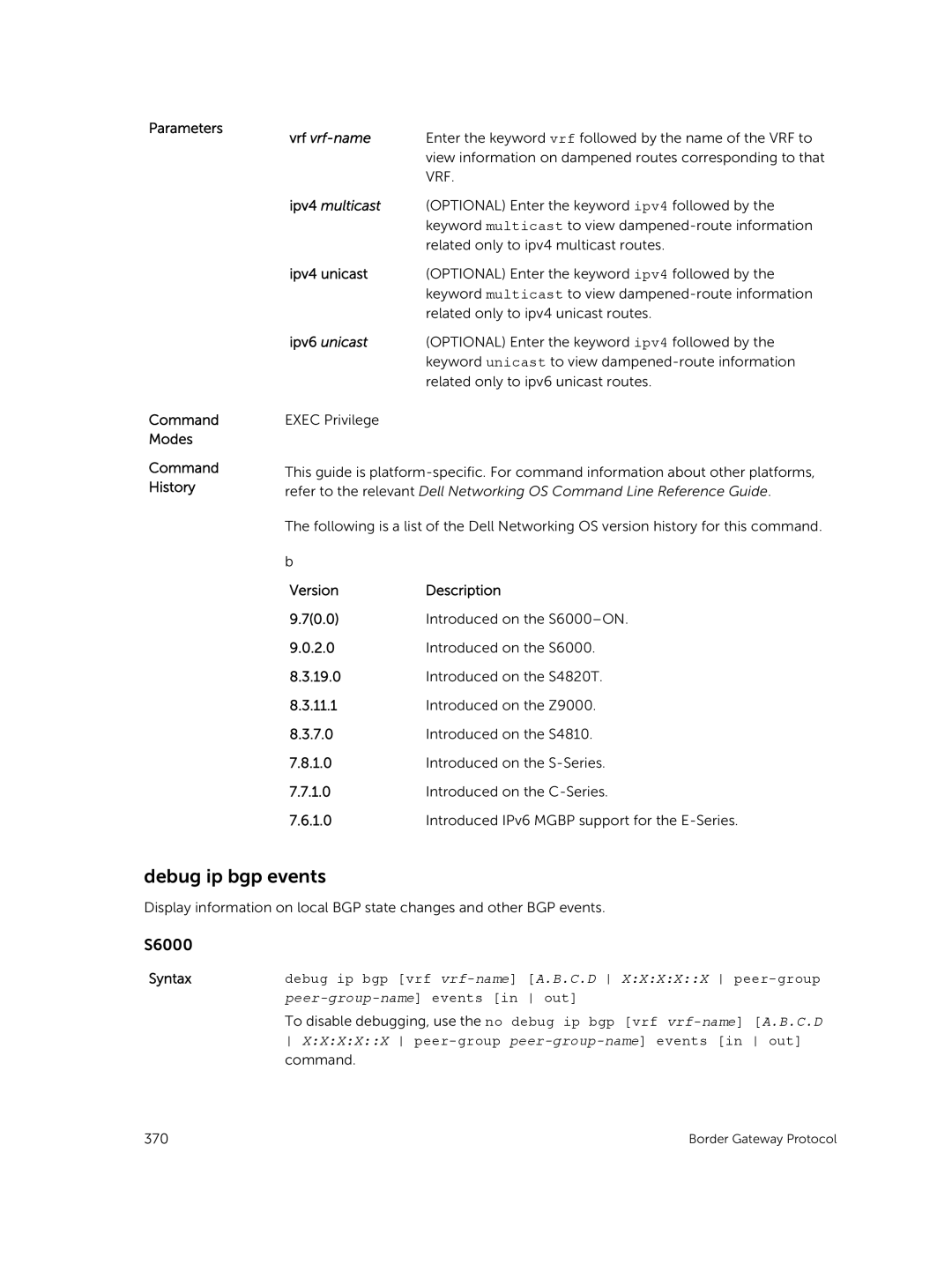 Dell 9.7(0.0) Debug ip bgp events, Ipv4 multicast, Ipv6 unicast, Xxxxx peer-group peer-group-name events in out command 