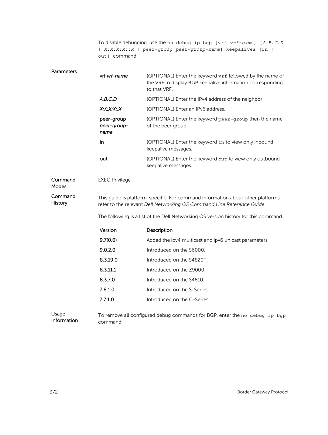 Dell 9.7(0.0) manual VRF to display BGP keepalive information corresponding 