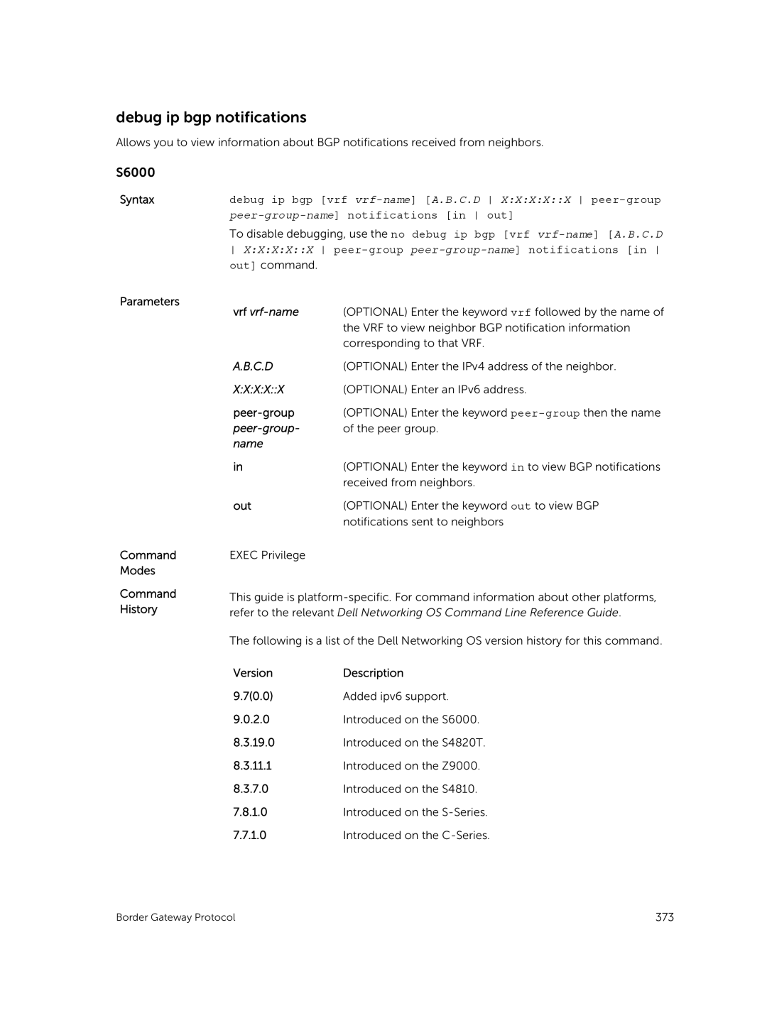 Dell 9.7(0.0) manual Debug ip bgp notifications, VersionDescription 70.0 Added ipv6 support 