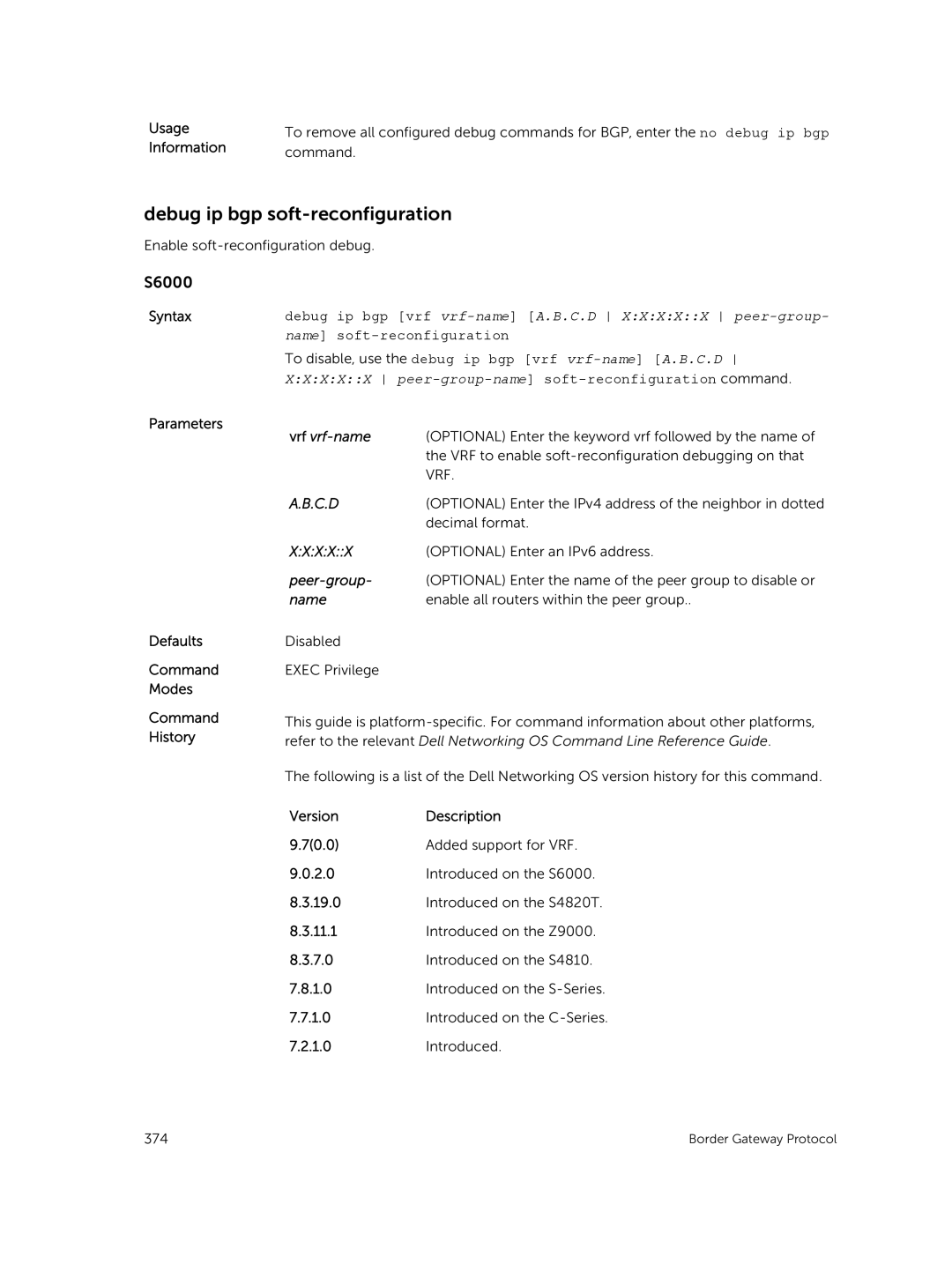 Dell 9.7(0.0) manual Debug ip bgp soft-reconfiguration, VersionDescription 70.0 Added support for VRF 