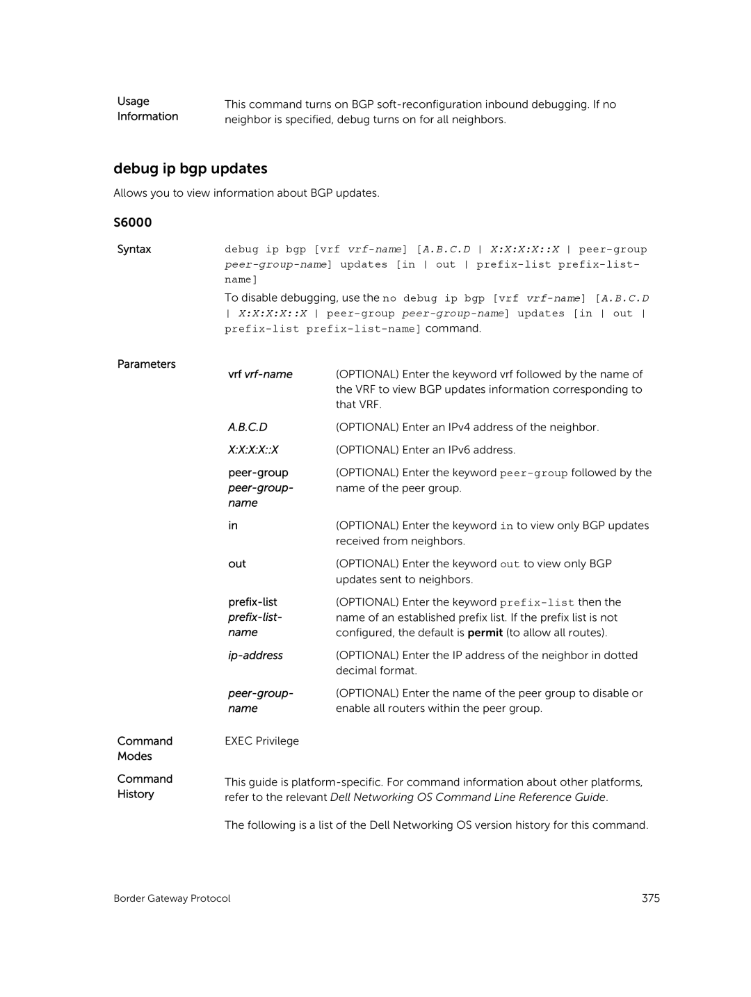 Dell 9.7(0.0) manual Debug ip bgp updates, Usage 