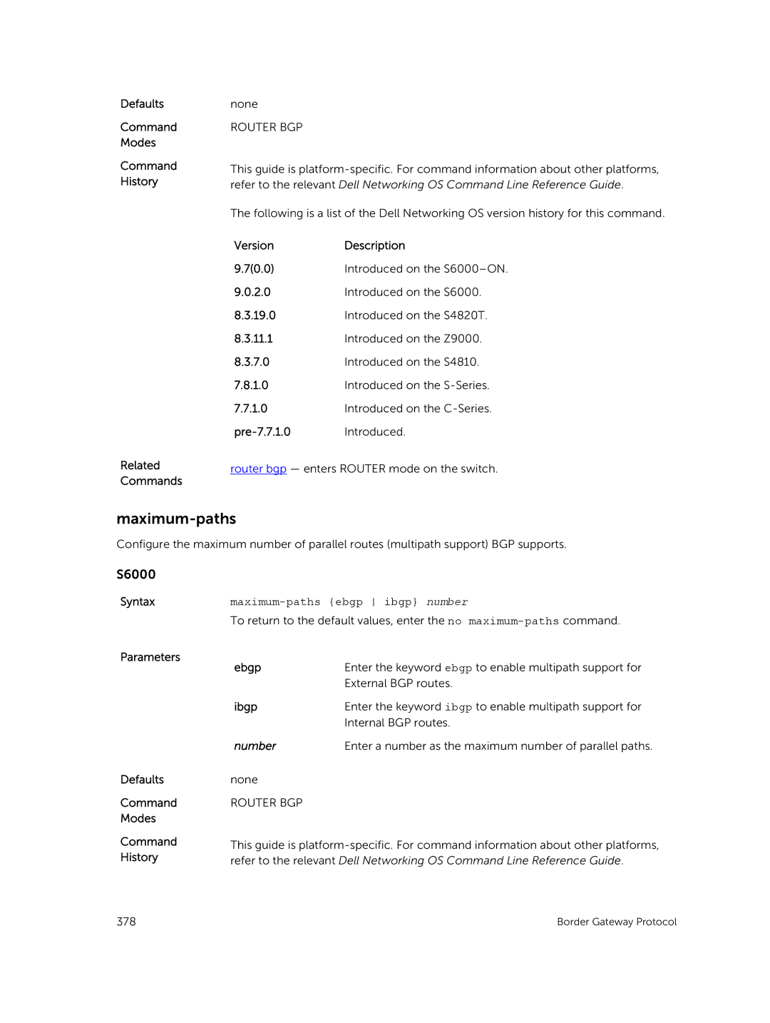 Dell 9.7(0.0) manual Pre-7.7.1.0 Introduced, Maximum-paths ebgp ibgp number, Ebgp, Ibgp 