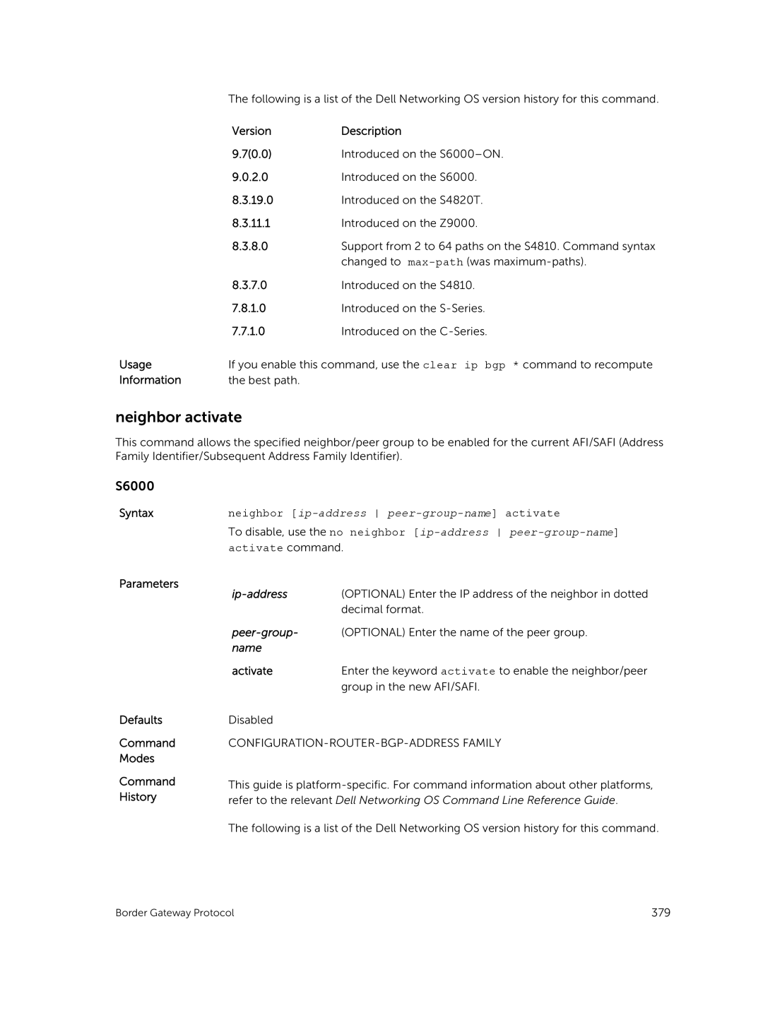 Dell 9.7(0.0) manual Neighbor activate, Activate 