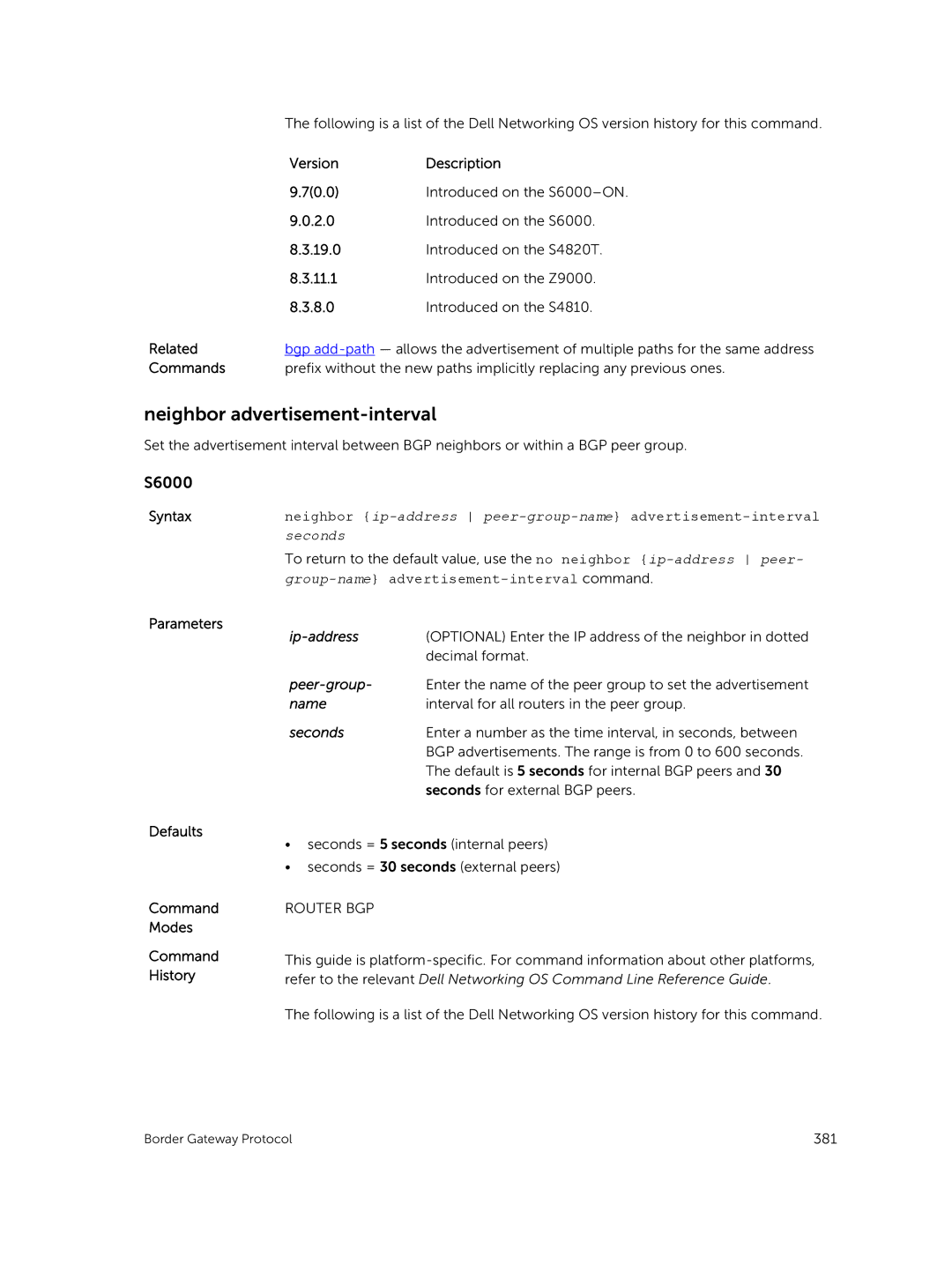 Dell 9.7(0.0) manual Neighbor advertisement-interval, Group-name advertisement-interval command 