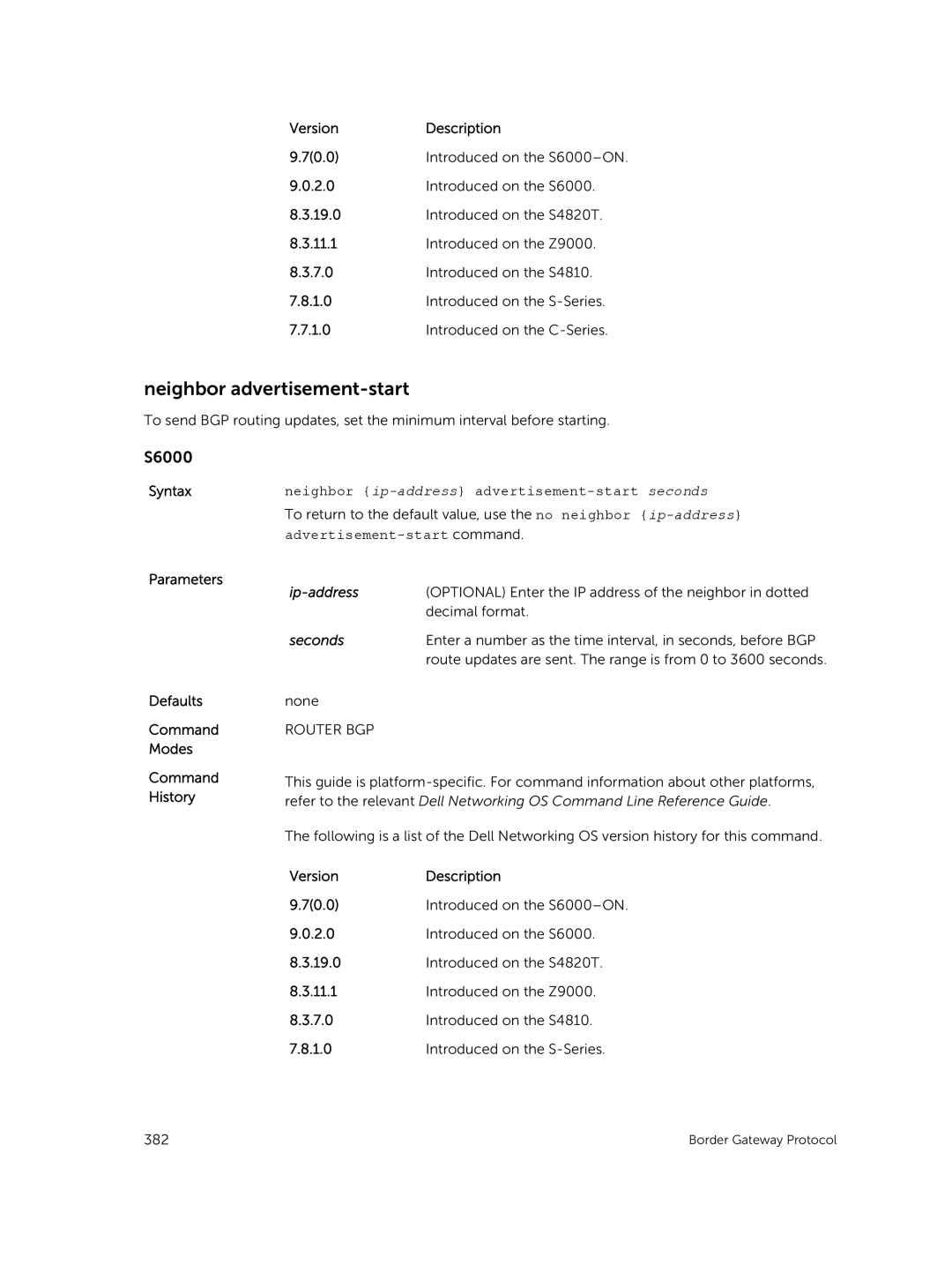 Dell 9.7(0.0) manual Neighbor advertisement-start, Syntaxneighbor ip-address advertisement-start seconds 