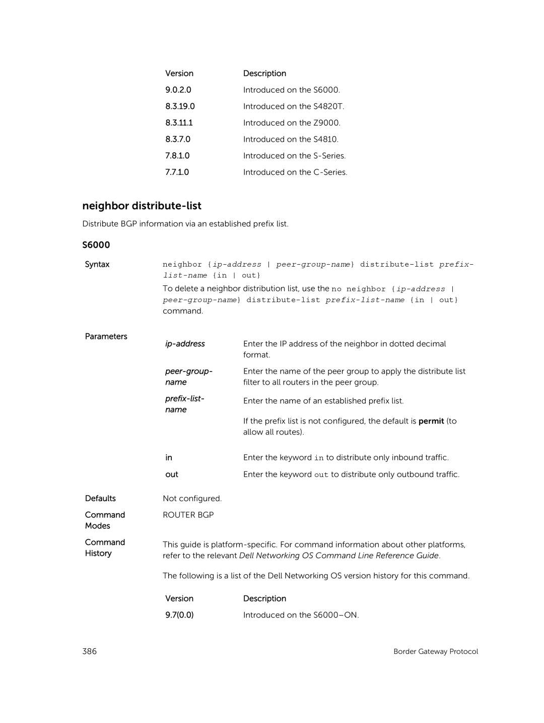 Dell 9.7(0.0) manual Neighbor distribute-list, Peer-group- name Prefix-list- name 