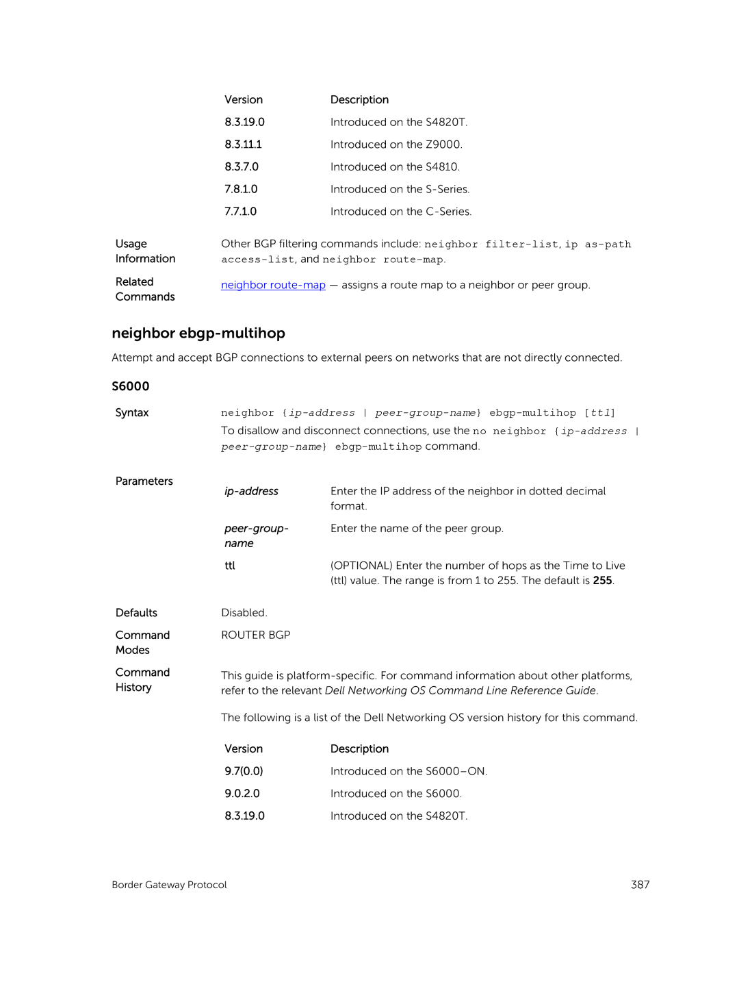 Dell 9.7(0.0) manual Neighbor ebgp-multihop, Syntaxneighbor ip-address peer-group-name ebgp-multihop ttl, Ttl 