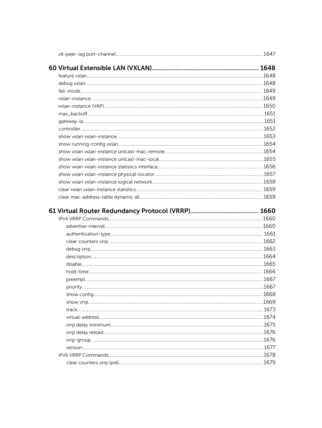 Dell 9.7(0.0) manual Virtual Extensible LAN Vxlan 1648, Virtual Router Redundancy Protocol Vrrp 1660 