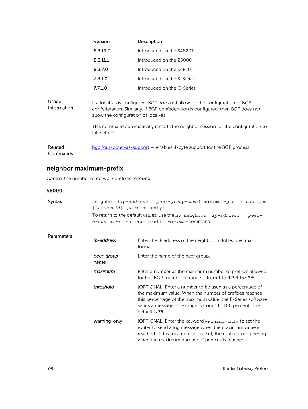 Dell 9.7(0.0) manual Neighbor maximum-prefix, Threshold warning-only, Name Maximum 