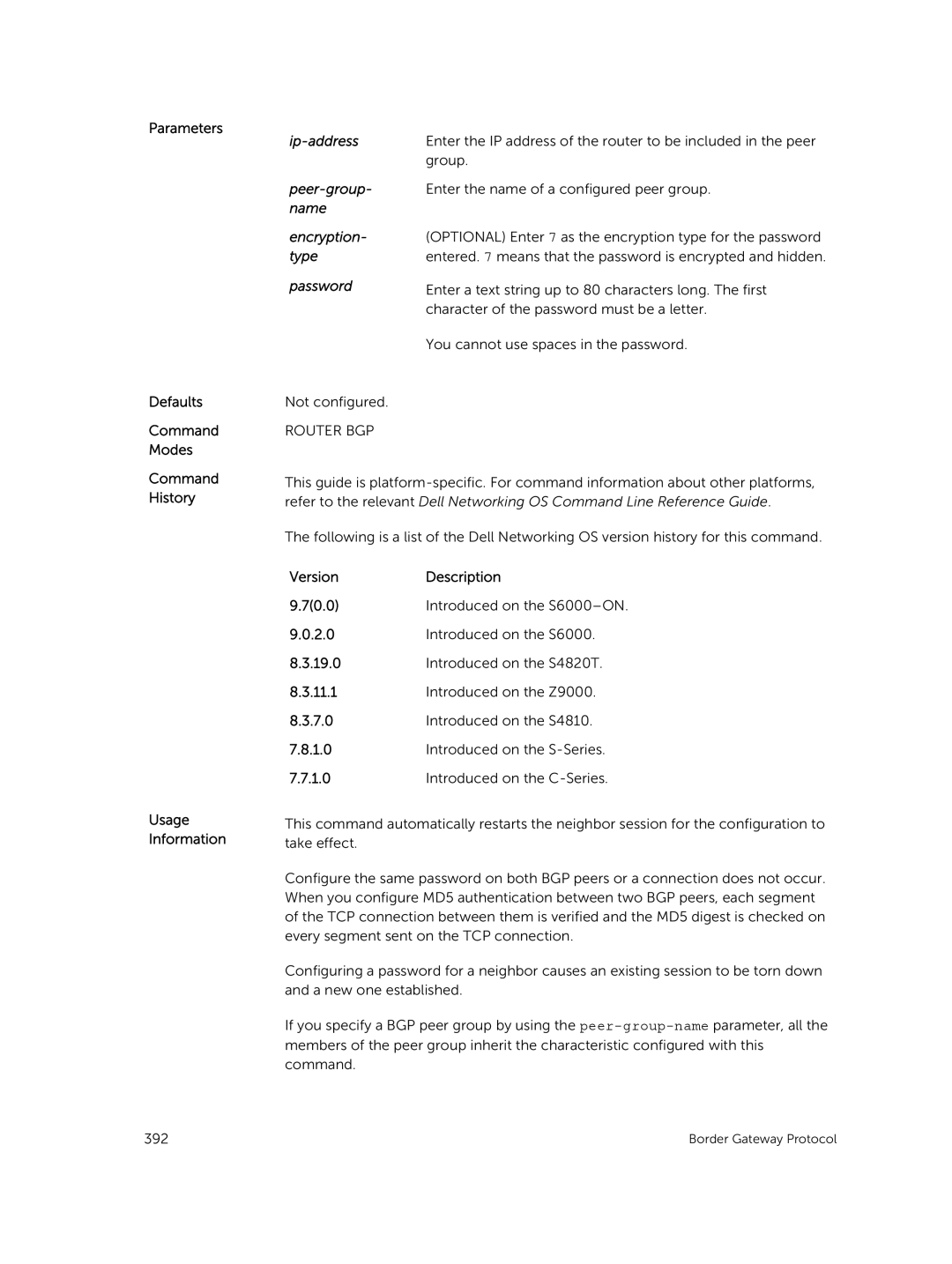 Dell 9.7(0.0) manual Parameters Defaults Command Modes, Ip-address Peer-group- name Encryption- type Password 