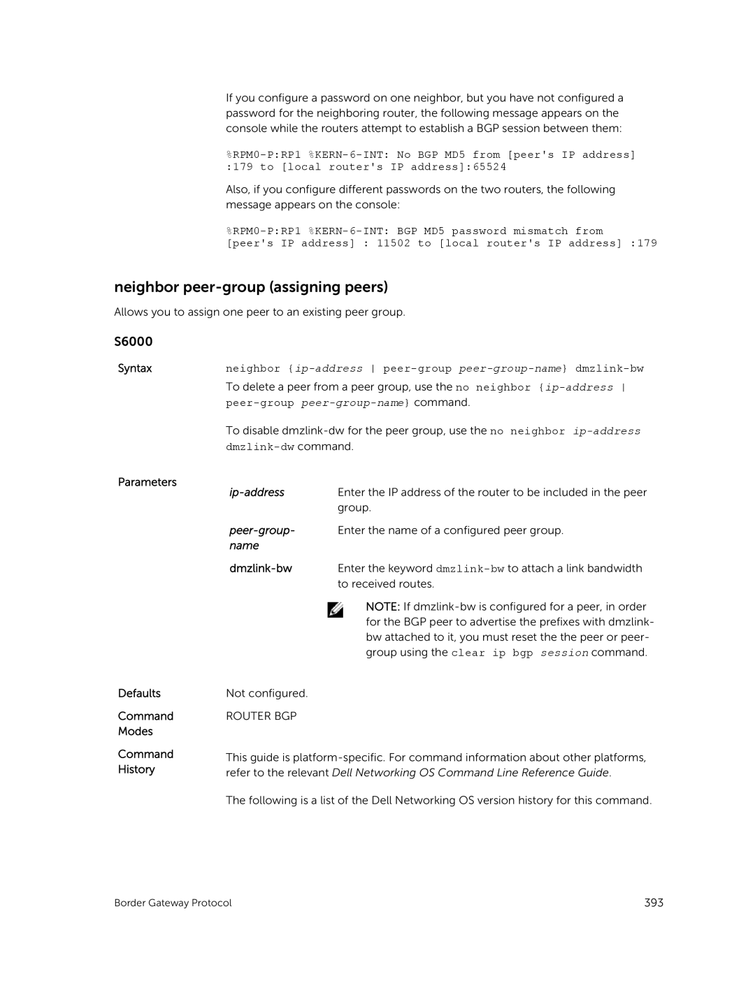 Dell 9.7(0.0) manual Neighbor peer-group assigning peers, Neighbor ip-address peer-group peer-group-name dmzlink-bw 