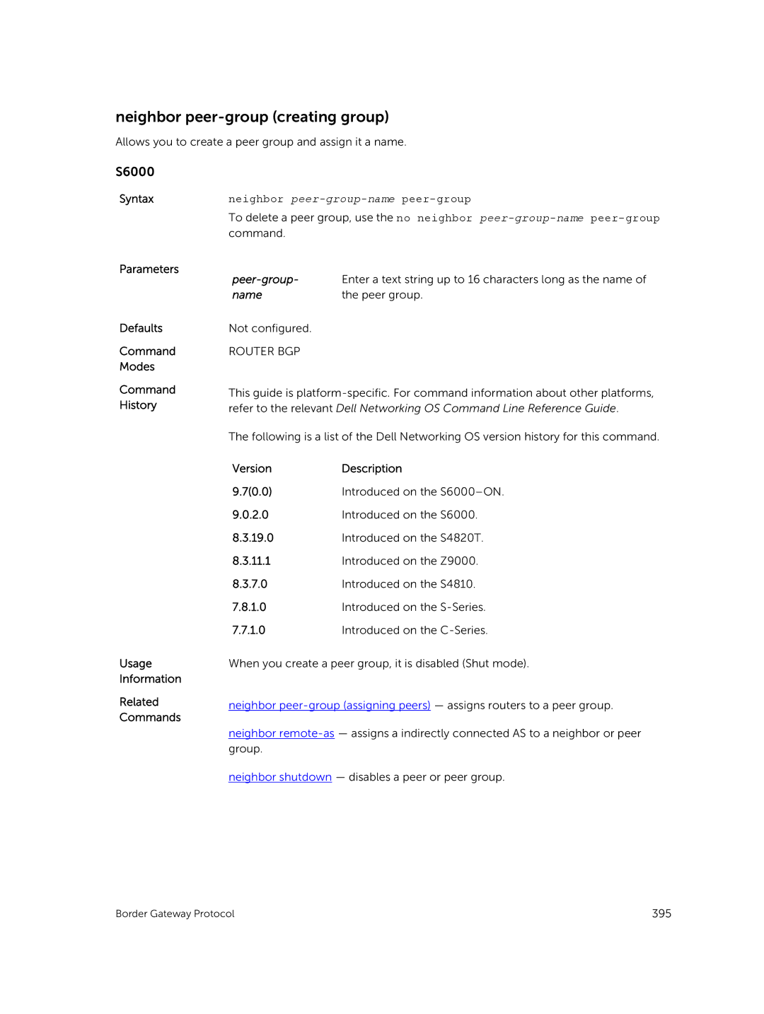 Dell 9.7(0.0) manual Neighbor peer-group creating group, Neighbor peer-group-name peer-group 