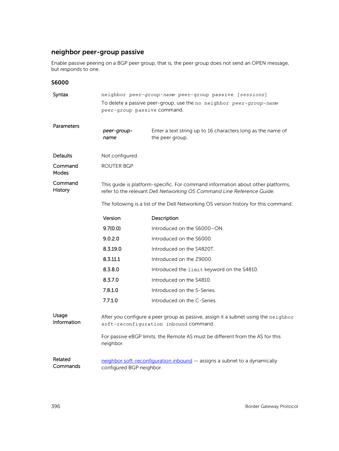 Dell 9.7(0.0) manual Neighbor peer-group passive, Syntaxneighbor peer-group-namepeer-group passive sessions 