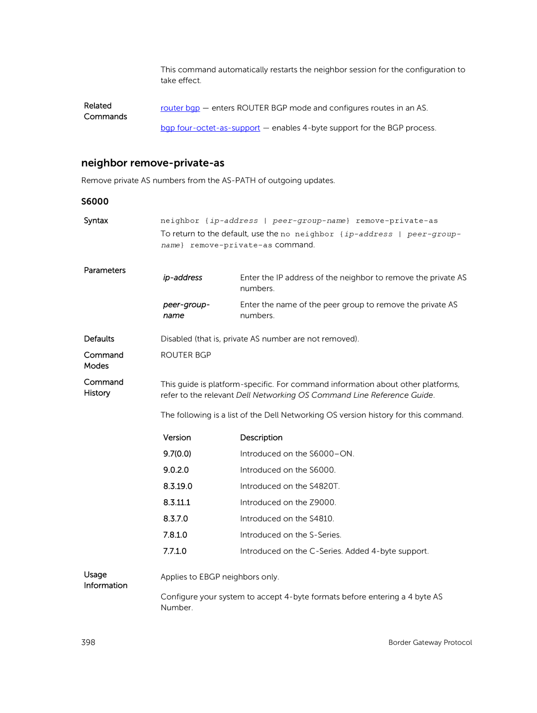 Dell 9.7(0.0) manual Neighbor remove-private-as, Syntaxneighbor ip-address peer-group-name remove-private-as 