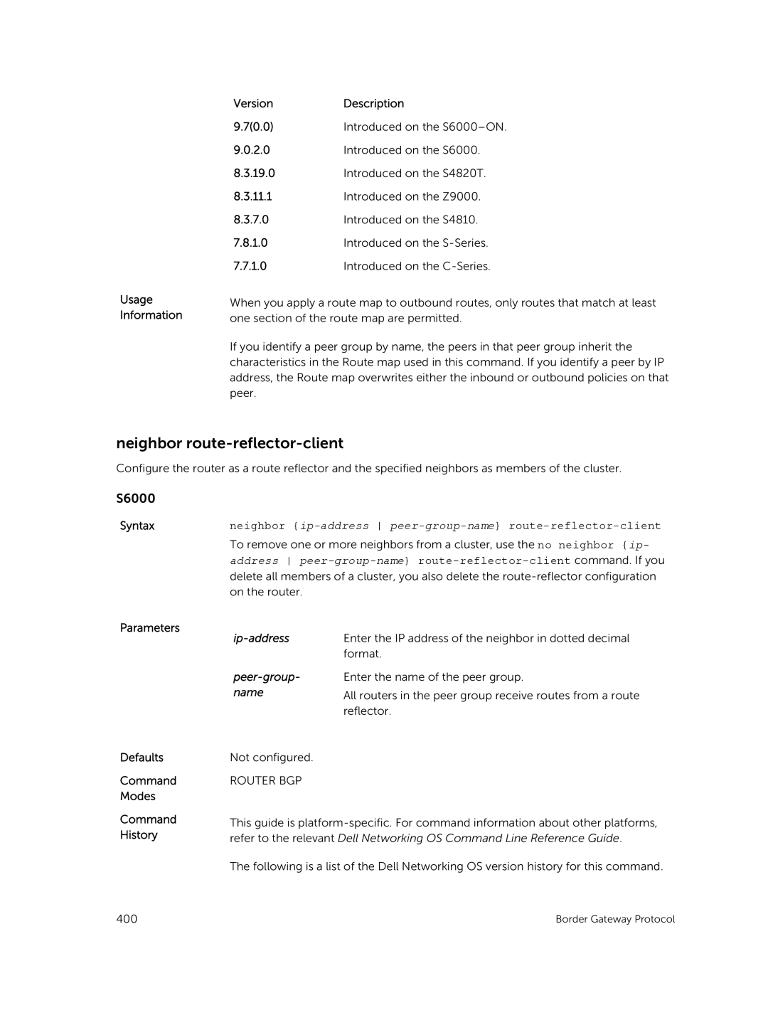 Dell 9.7(0.0) manual Neighbor route-reflector-client, Ip-address Peer-group- name 