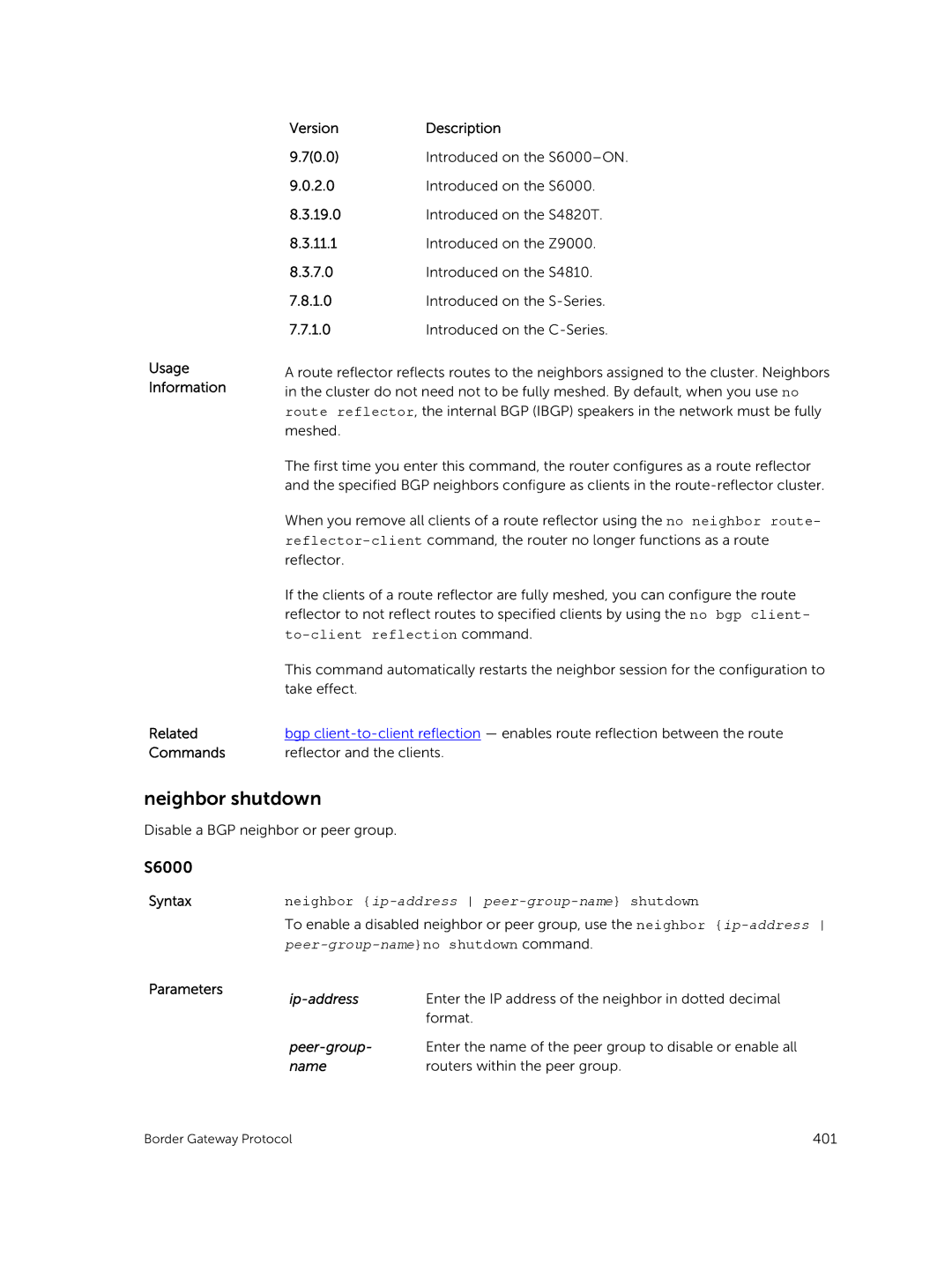 Dell 9.7(0.0) manual Neighbor shutdown, Neighbor ip-address peer-group-name shutdown 