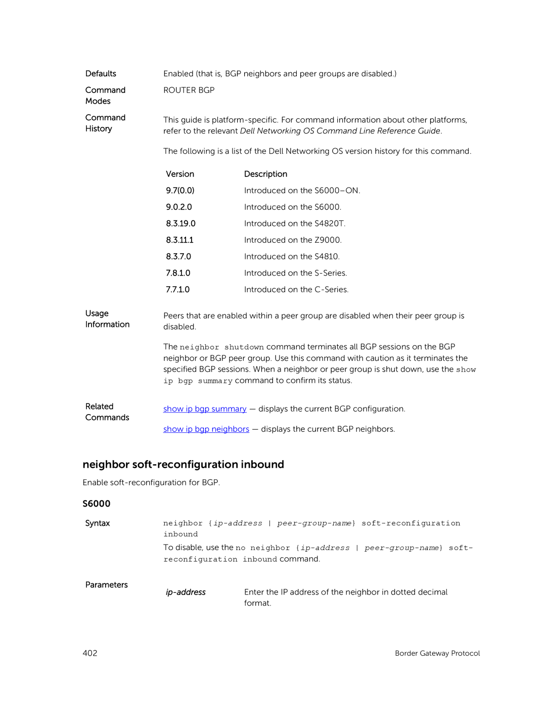 Dell 9.7(0.0) manual Neighbor soft-reconfiguration inbound, Format 