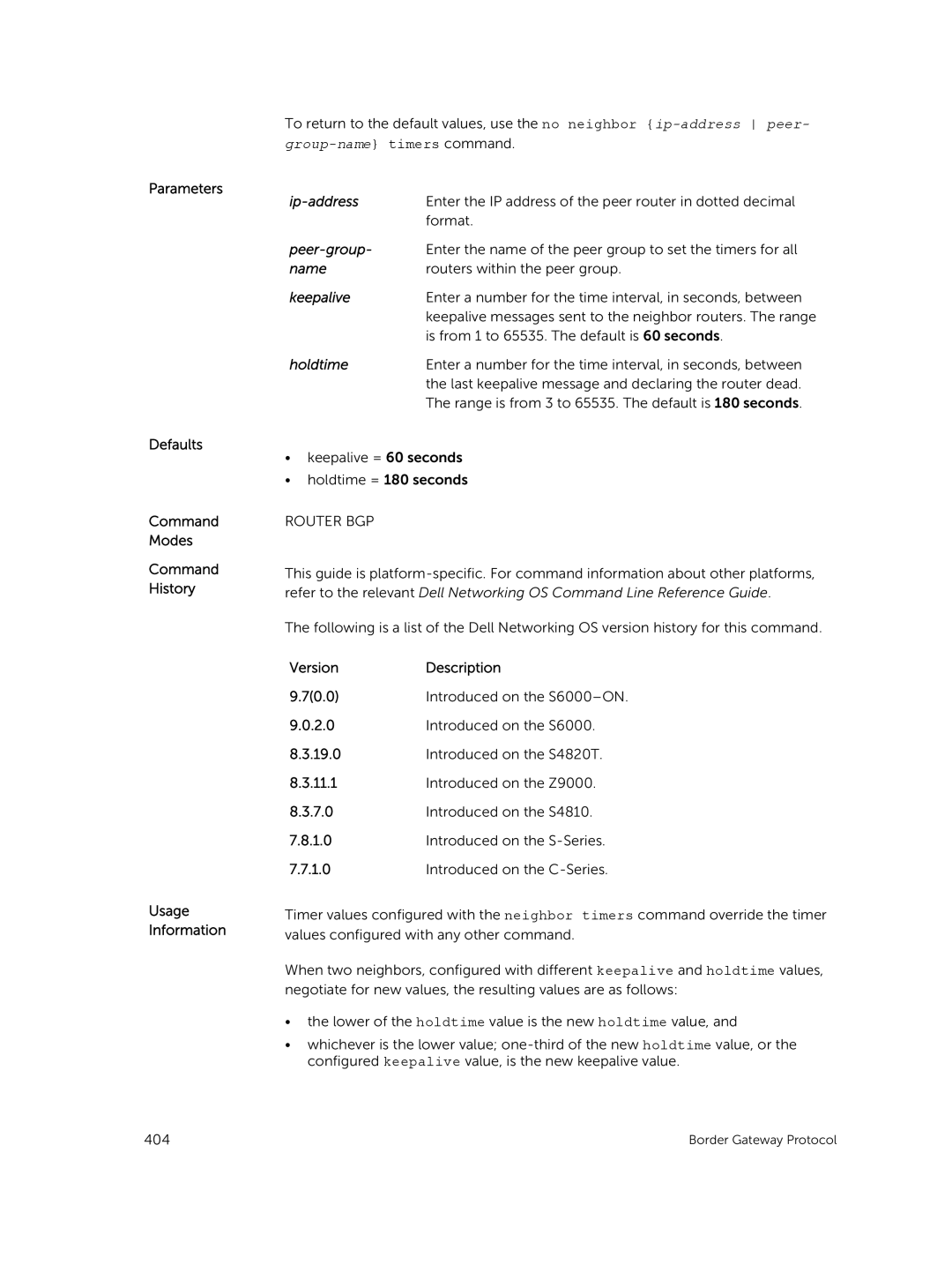 Dell 9.7(0.0) manual Keepalive, Holdtime 