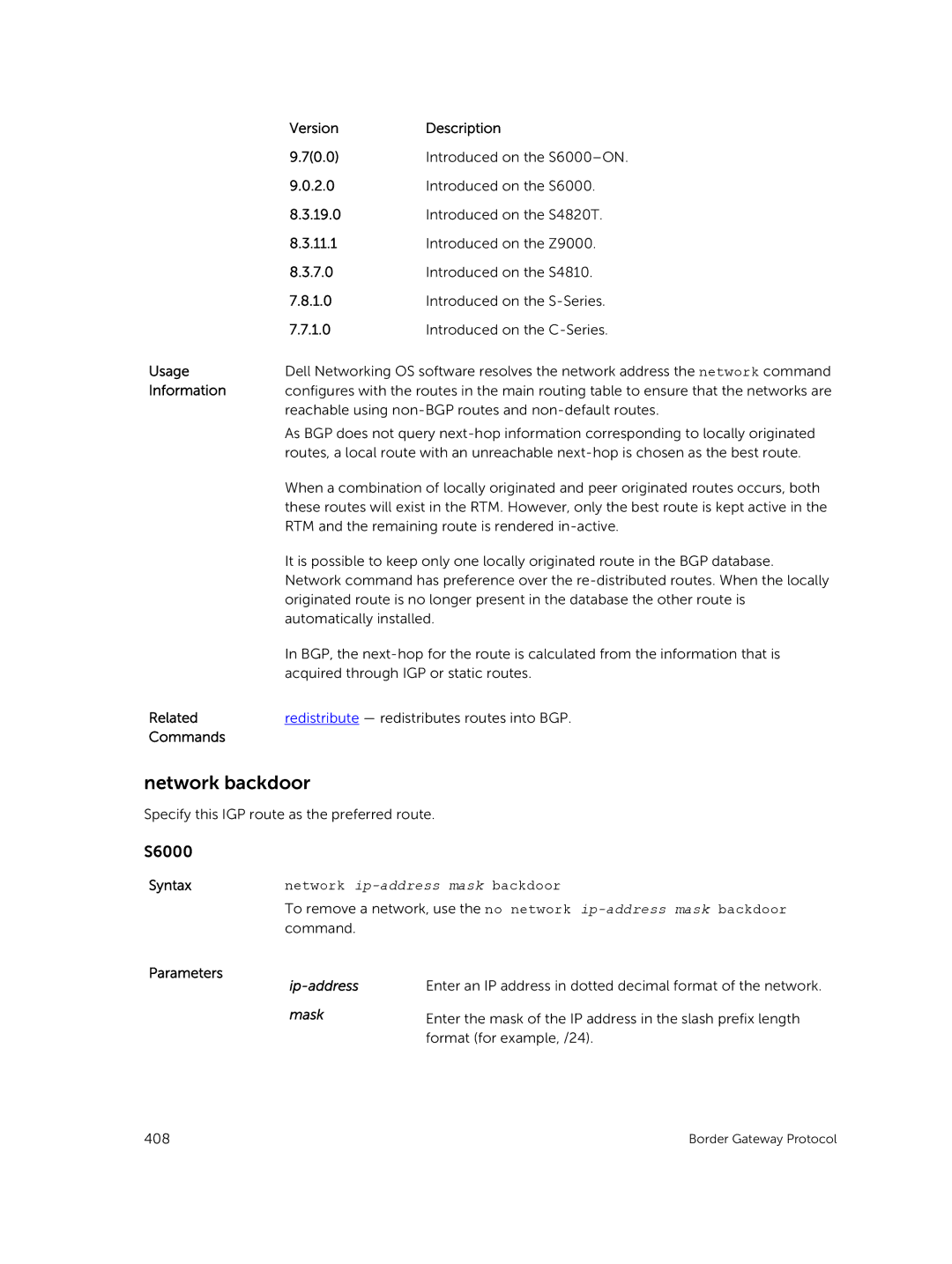 Dell 9.7(0.0) manual Network backdoor, Network ip-address mask backdoor, Format for example, /24 