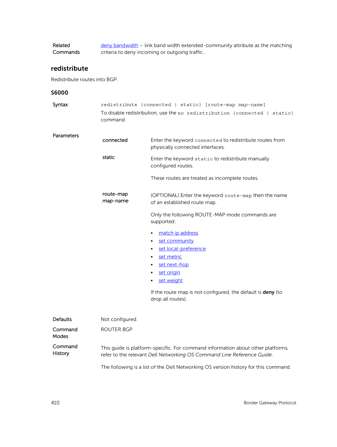 Dell 9.7(0.0) manual Redistribute, Parameters Connected Static Route-map map-name 