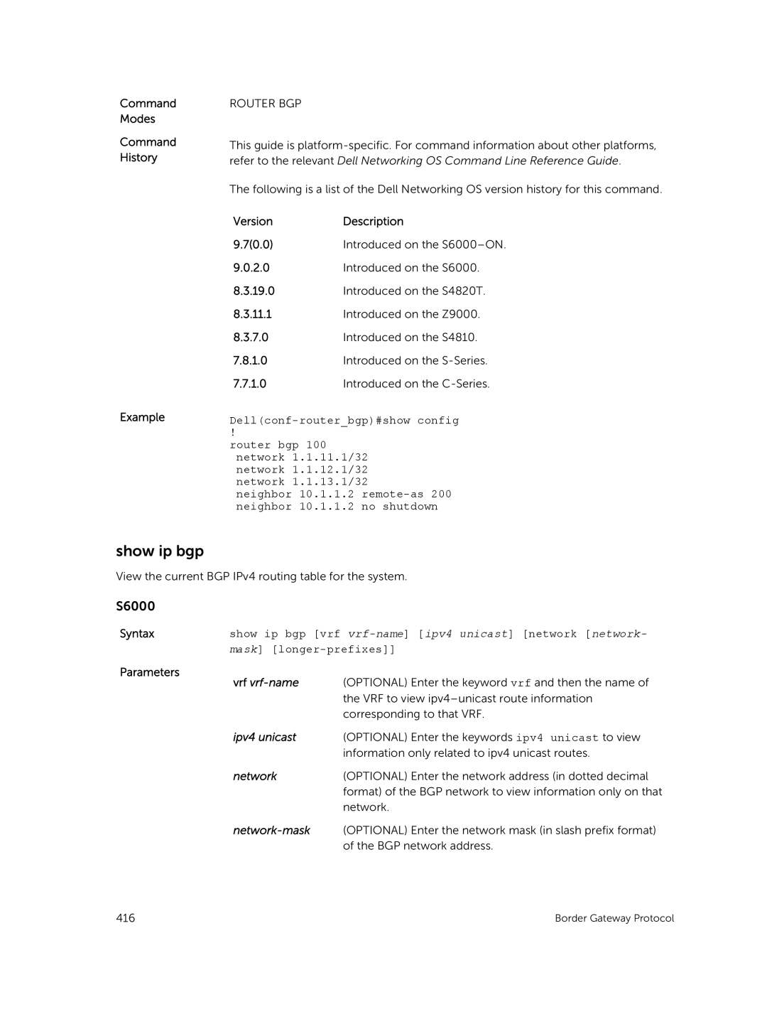 Dell 9.7(0.0) manual Show ip bgp, Ipv4 unicast, Network-mask 