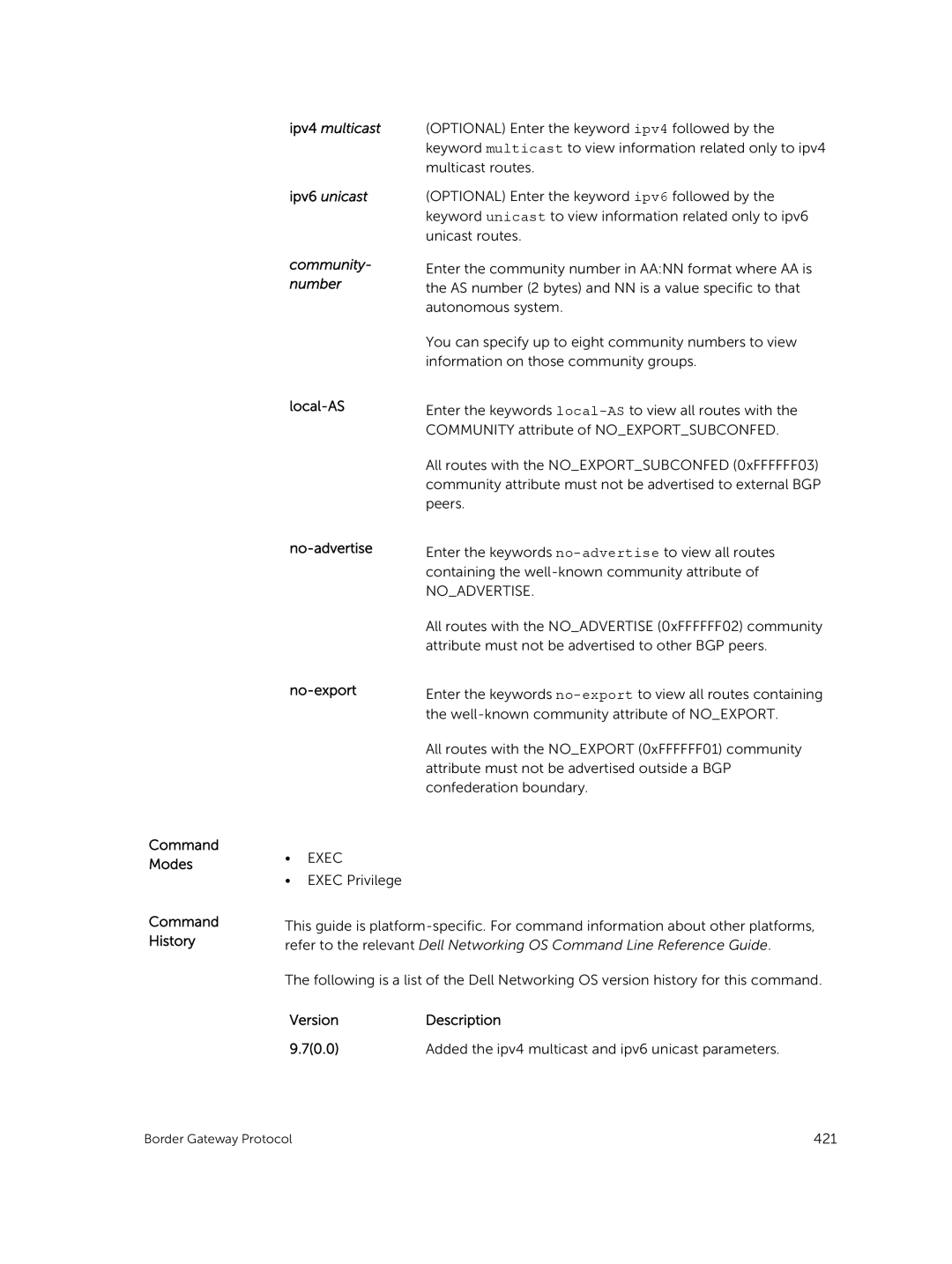 Dell 9.7(0.0) manual Ipv4 multicast Ipv6 unicast Community- number, Local-AS No-advertise No-export 