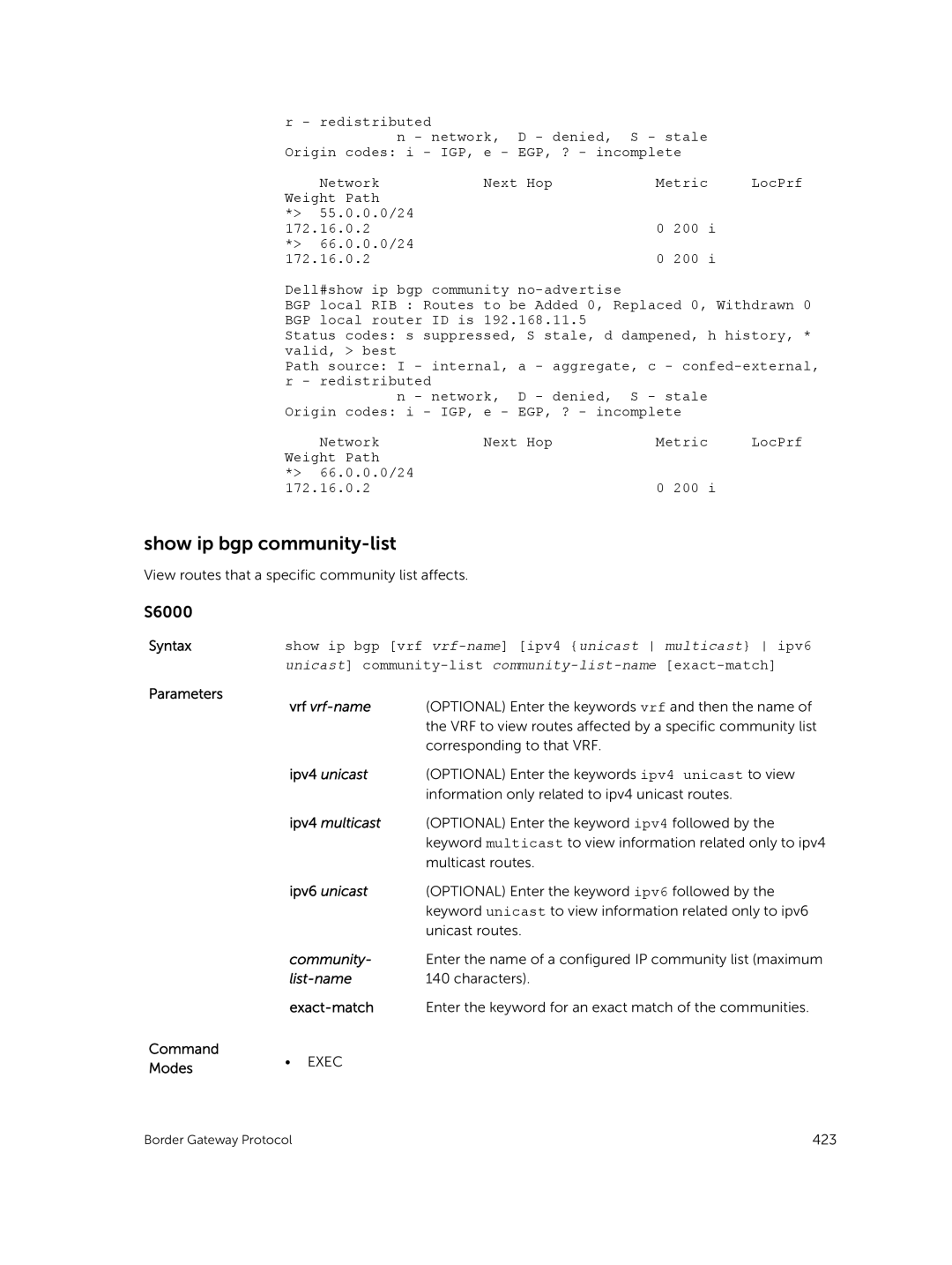 Dell 9.7(0.0) manual Show ip bgp community-list, Exact-match 