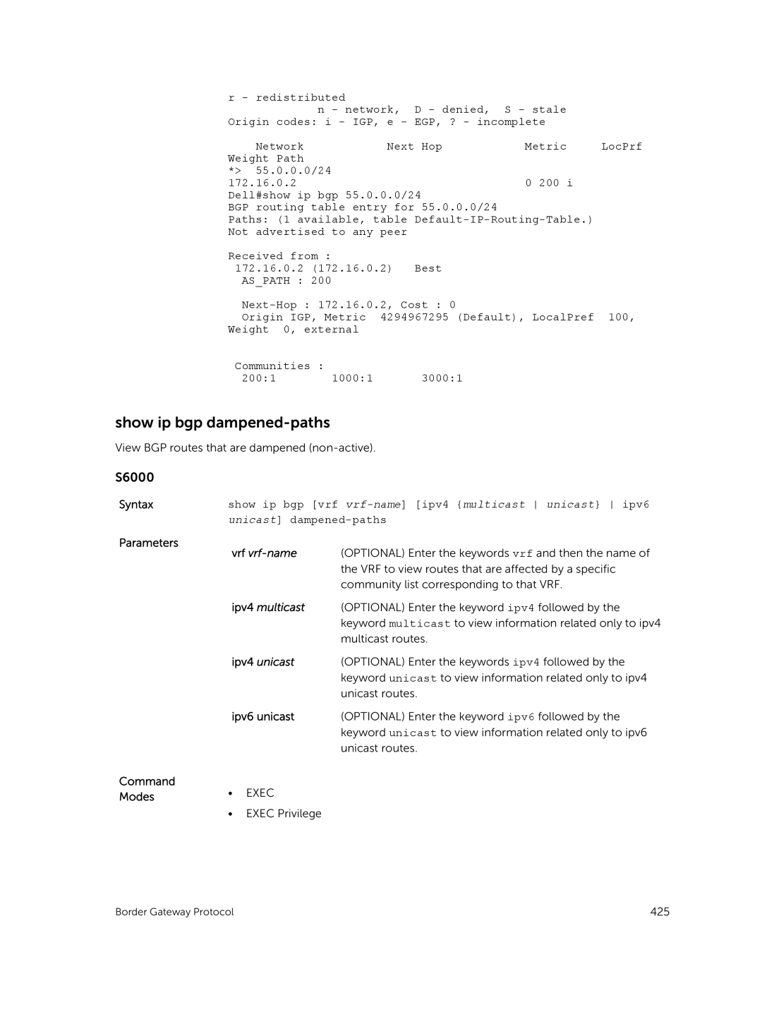 Dell 9.7(0.0) manual Show ip bgp dampened-paths, Ipv6 unicast 