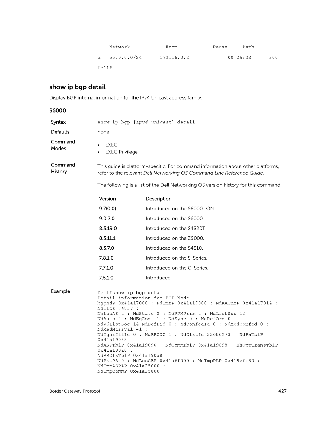 Dell 9.7(0.0) Show ip bgp detail, Syntax Defaults Command Modes Command History Example, Show ip bgp ipv4 unicast detail 