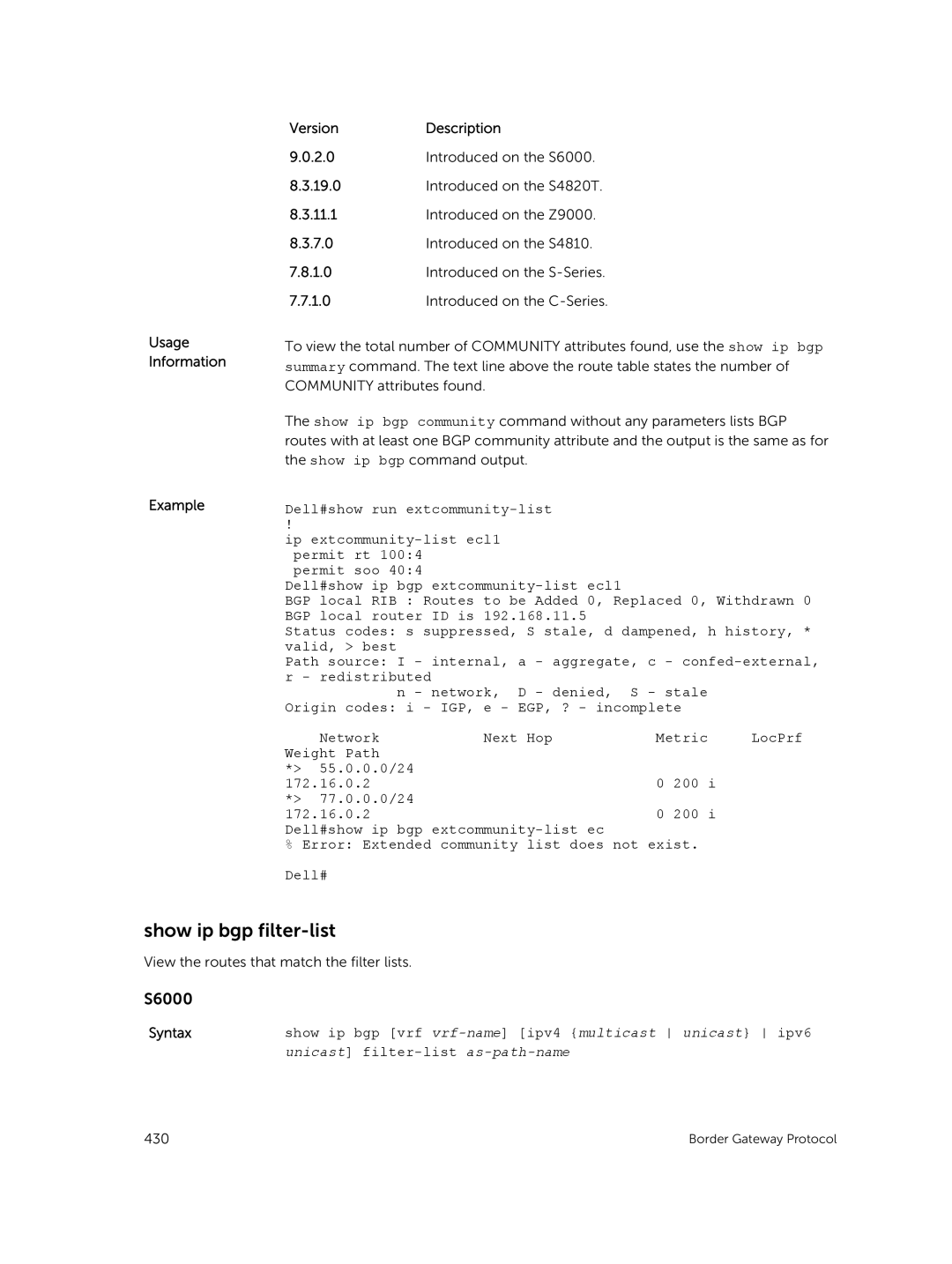 Dell 9.7(0.0) manual Show ip bgp filter-list, Syntaxshow ip bgp vrf vrf-name ipv4 multicast unicast ipv6 