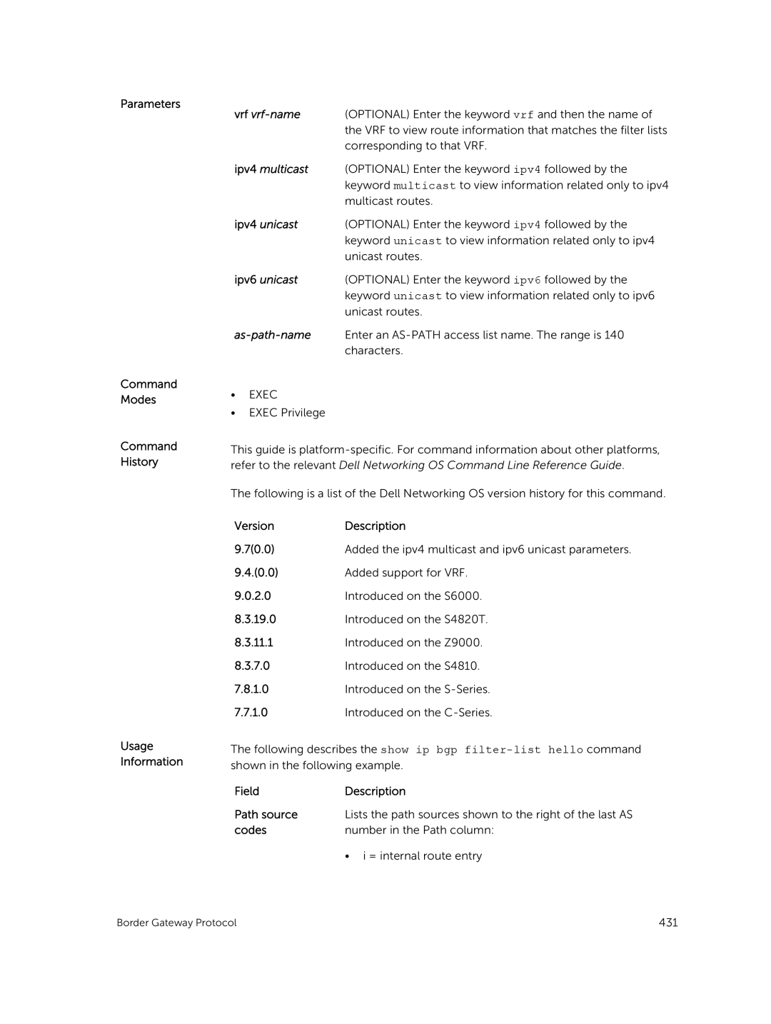 Dell 9.7(0.0) manual Parameters Command Modes Command History Usage Information, As-path-name 