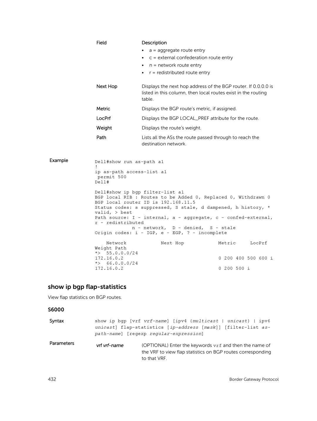 Dell 9.7(0.0) manual Show ip bgp flap-statistics, Field Description 