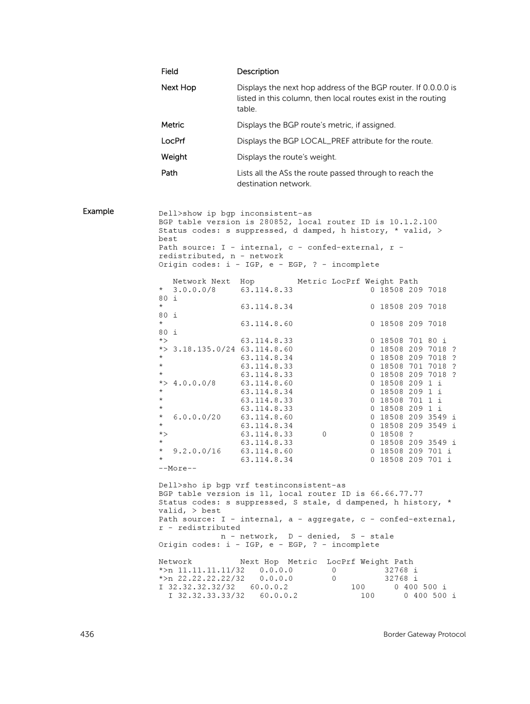 Dell 9.7(0.0) manual Field Description Next Hop, Metric 