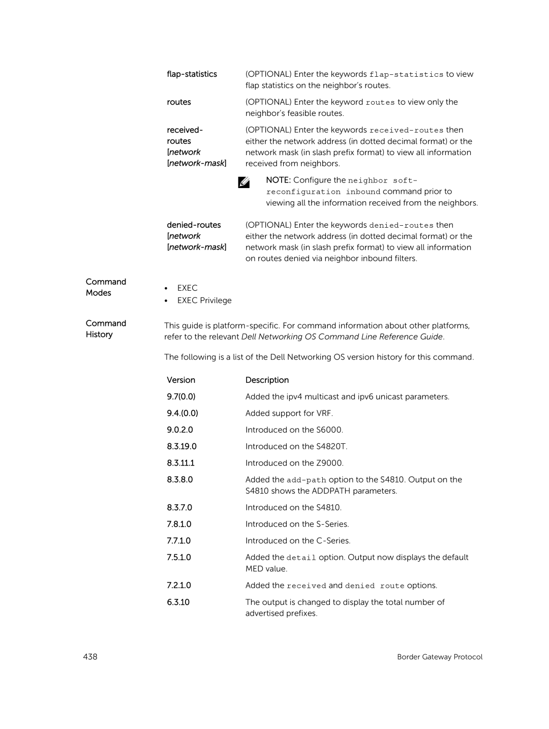 Dell 9.7(0.0) manual Command Modes Flap-statistics Routes, Command History 