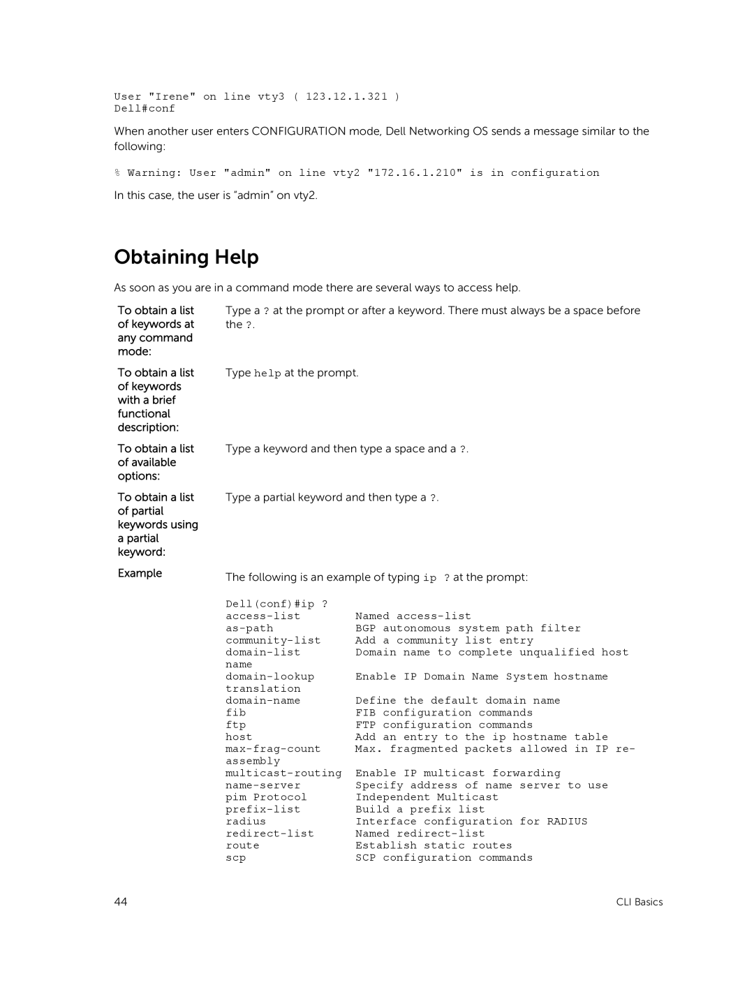 Dell 9.7(0.0) manual Obtaining Help, Keywords at Any command Mode To obtain a list, Available Options To obtain a list 