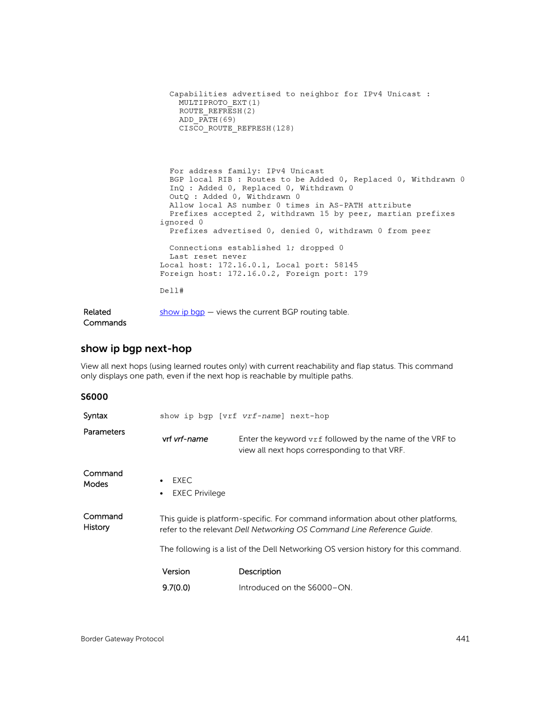 Dell 9.7(0.0) manual Show ip bgp next-hop, Capabilities advertised to neighbor for IPv4 Unicast 