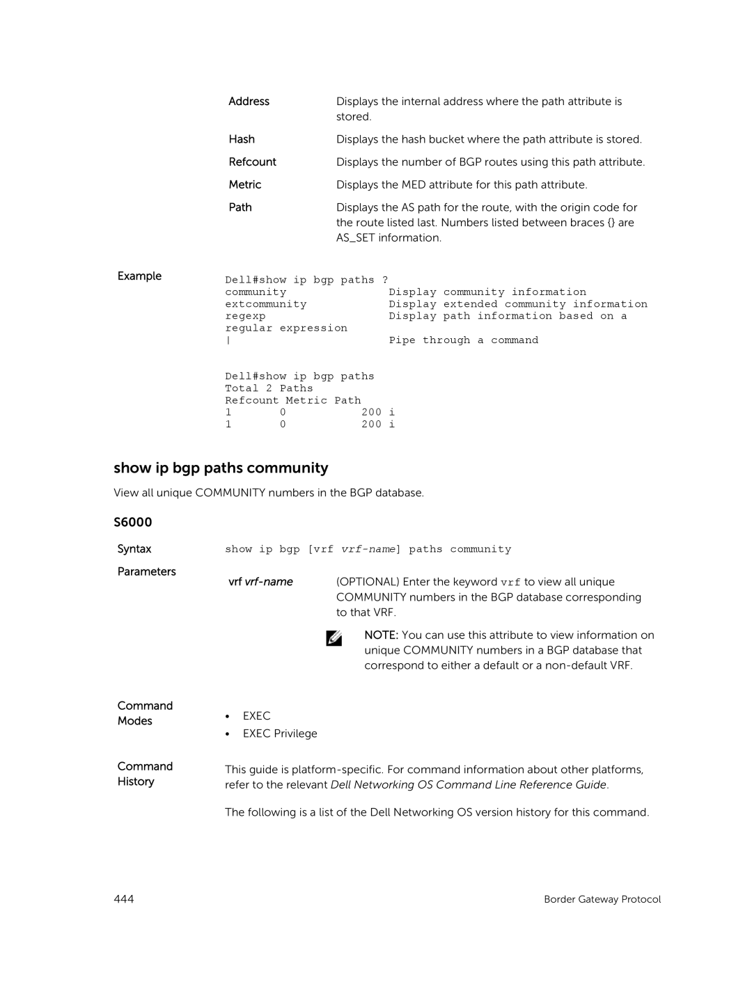 Dell 9.7(0.0) manual Show ip bgp paths community, Address, Hash, Dell#show ip bgp paths ? 