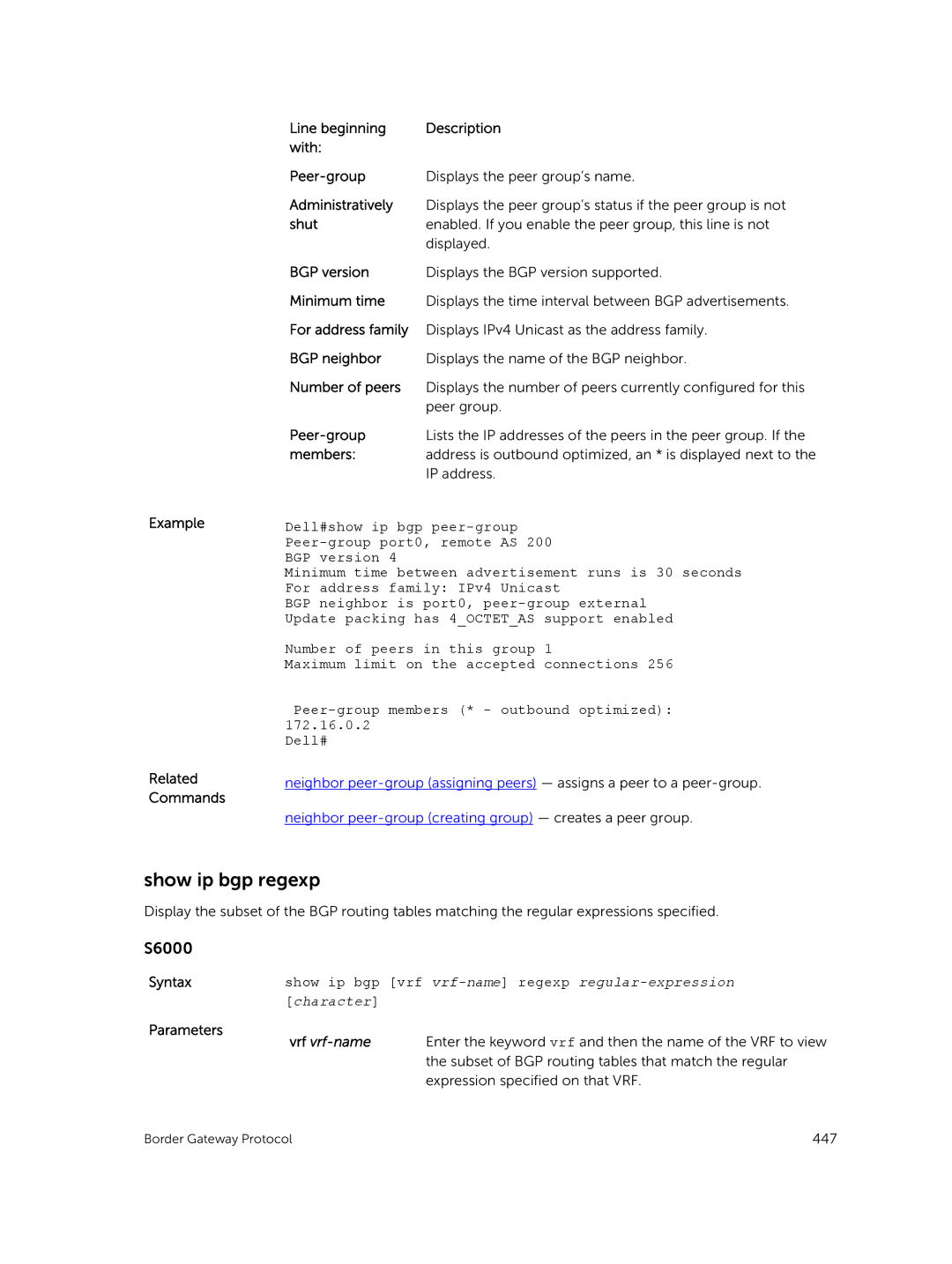 Dell 9.7(0.0) manual Show ip bgp regexp, Show ip bgp vrf vrf-name regexp regular-expression 