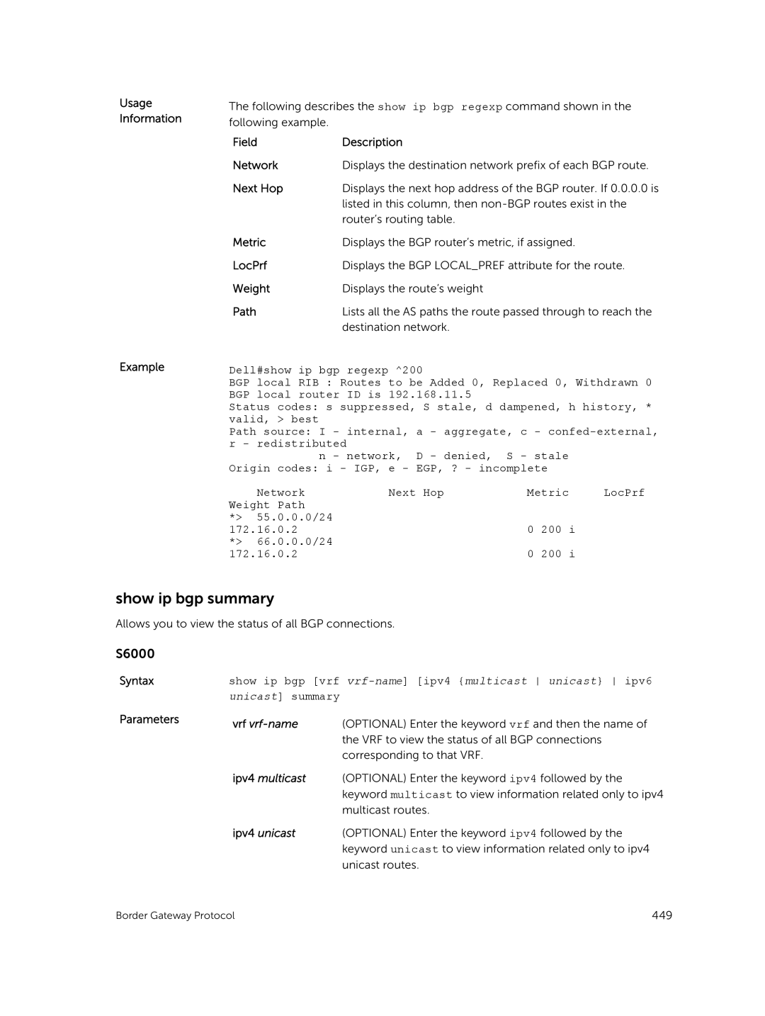 Dell 9.7(0.0) manual Show ip bgp summary, Usage Information Example 