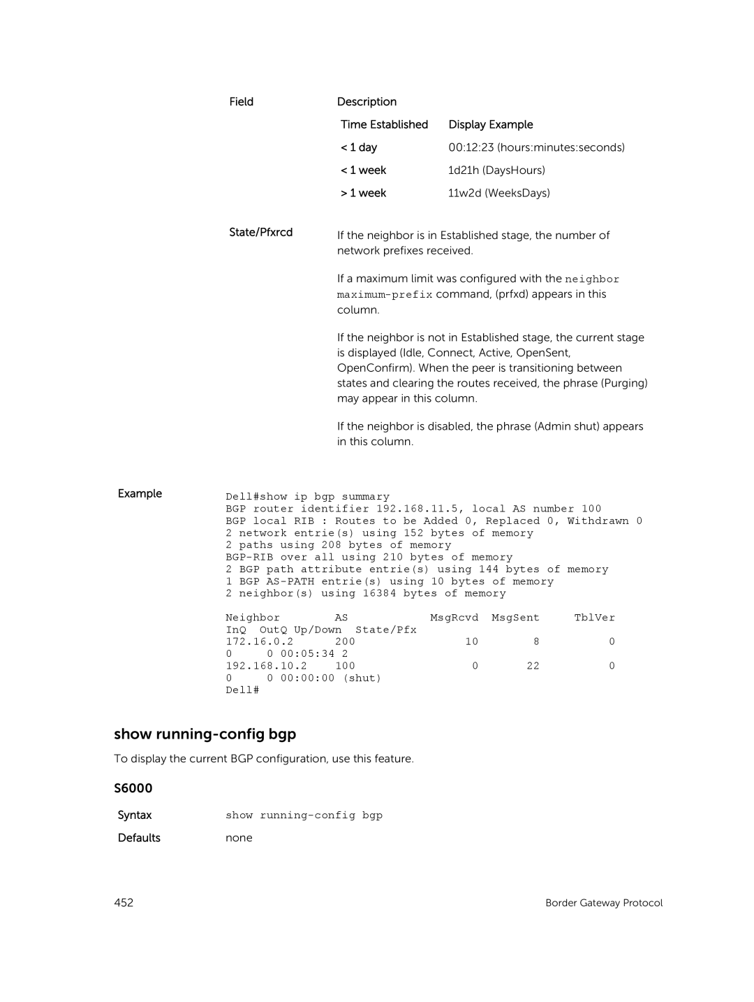 Dell 9.7(0.0) manual Show running-config bgp, Field Description Time Established Display Example Day, Week, State/Pfxrcd 