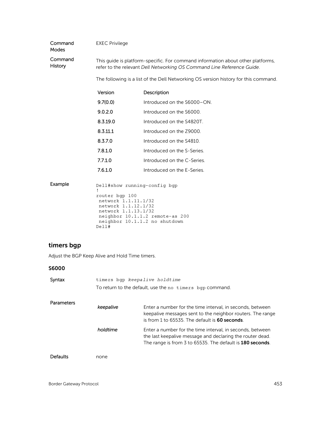 Dell 9.7(0.0) manual Timers bgp, Command Modes Command History Example 