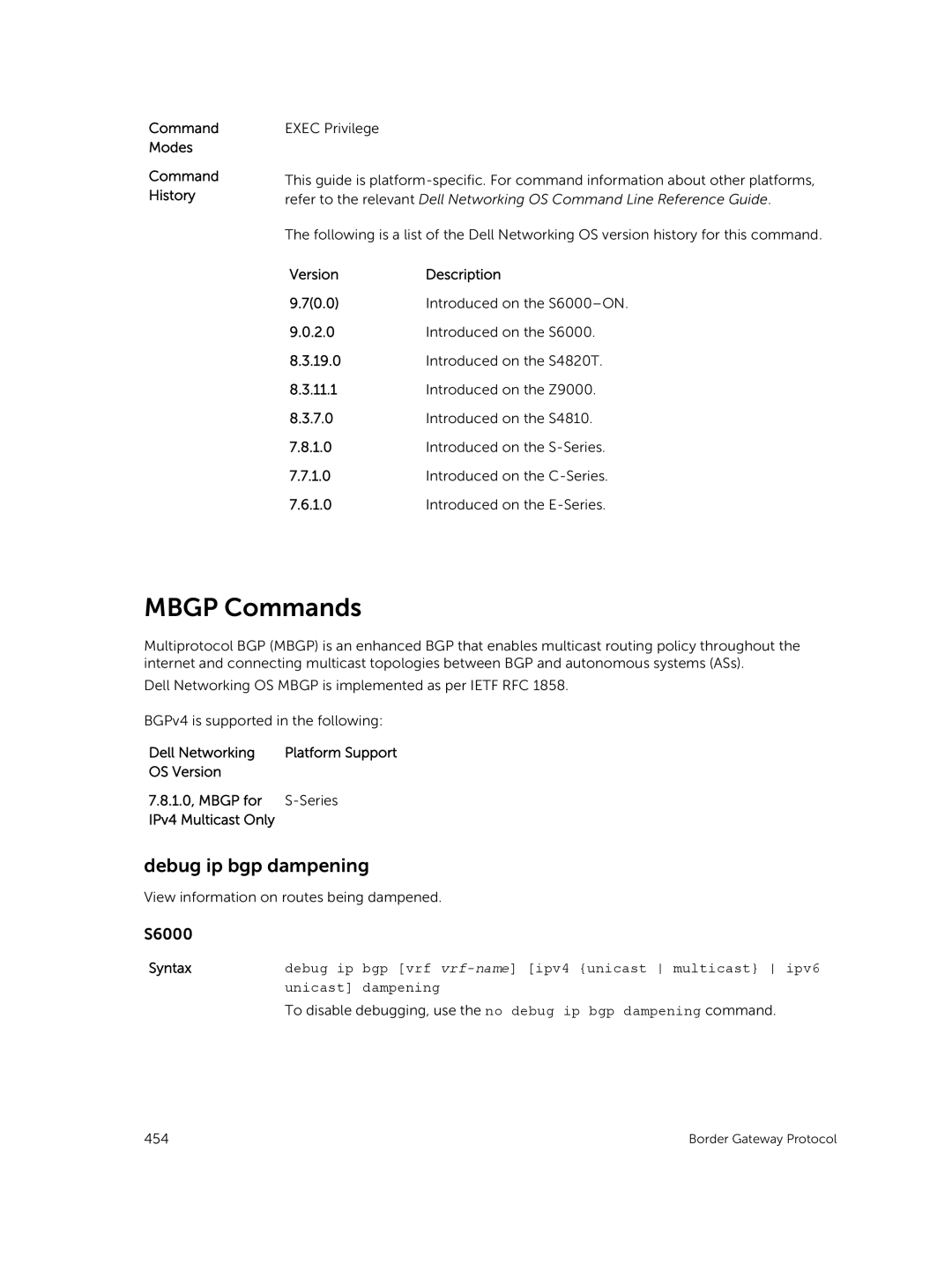 Dell 9.7(0.0) manual Mbgp Commands, OS Version 1.0, Mbgp for Series IPv4 Multicast Only 